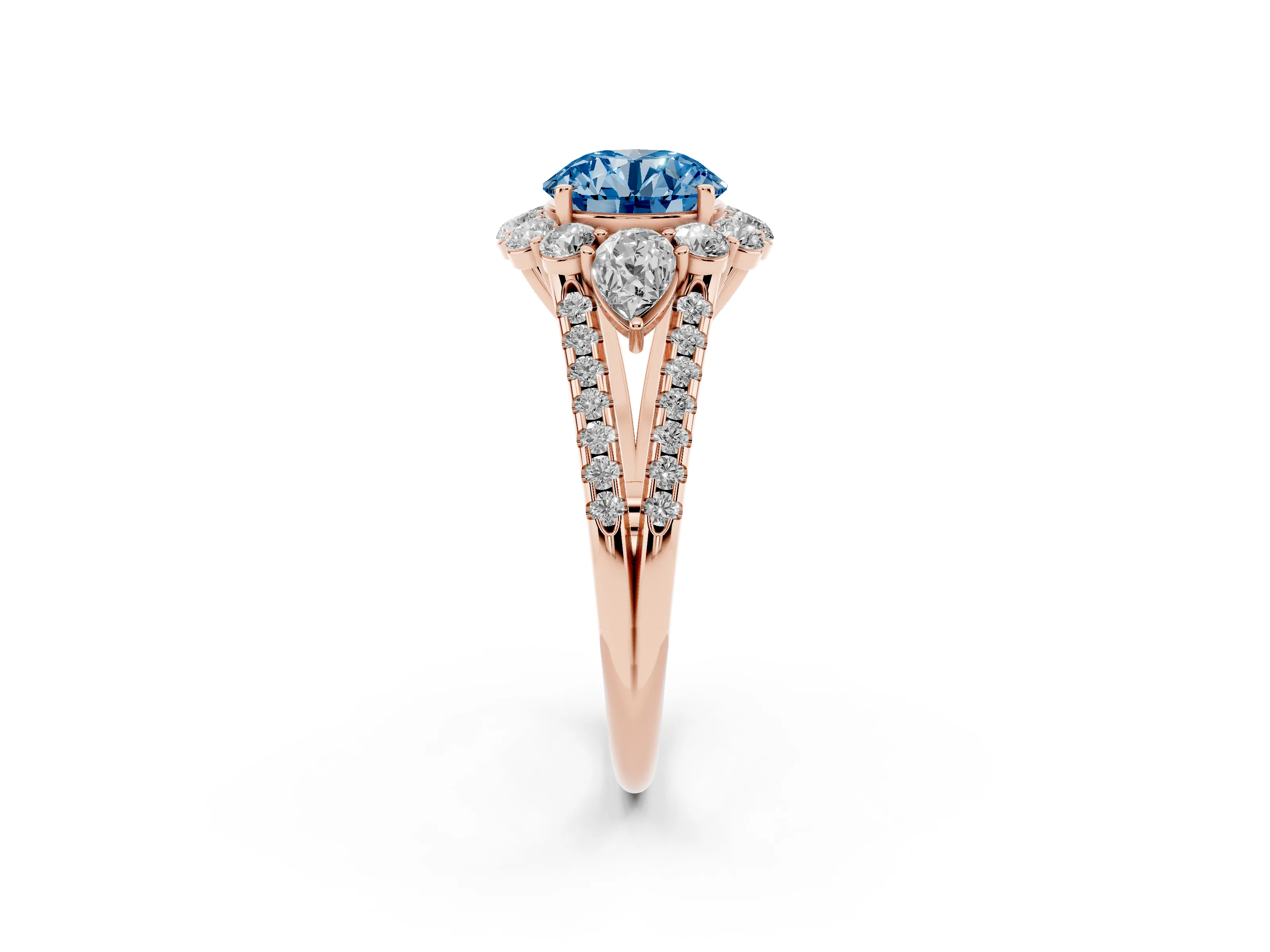 Fancy Blue Round Cut Diamond Halo Split Shank Engagement Ring Set in Rose gold with Prong-Held Center Stone