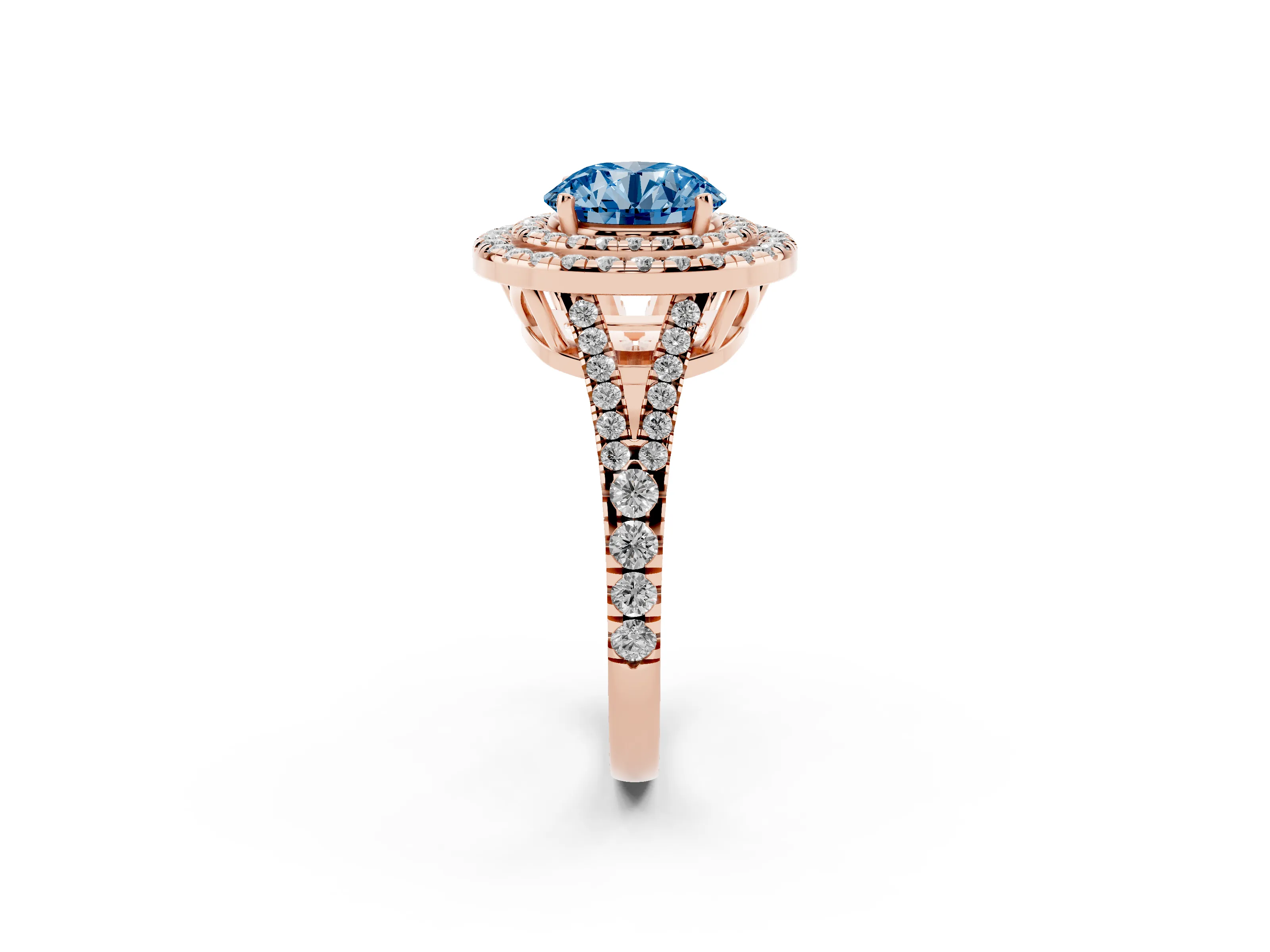 Fancy Blue Round Cut Diamond Double Halo Ring Set in Rose gold with Pavé Band