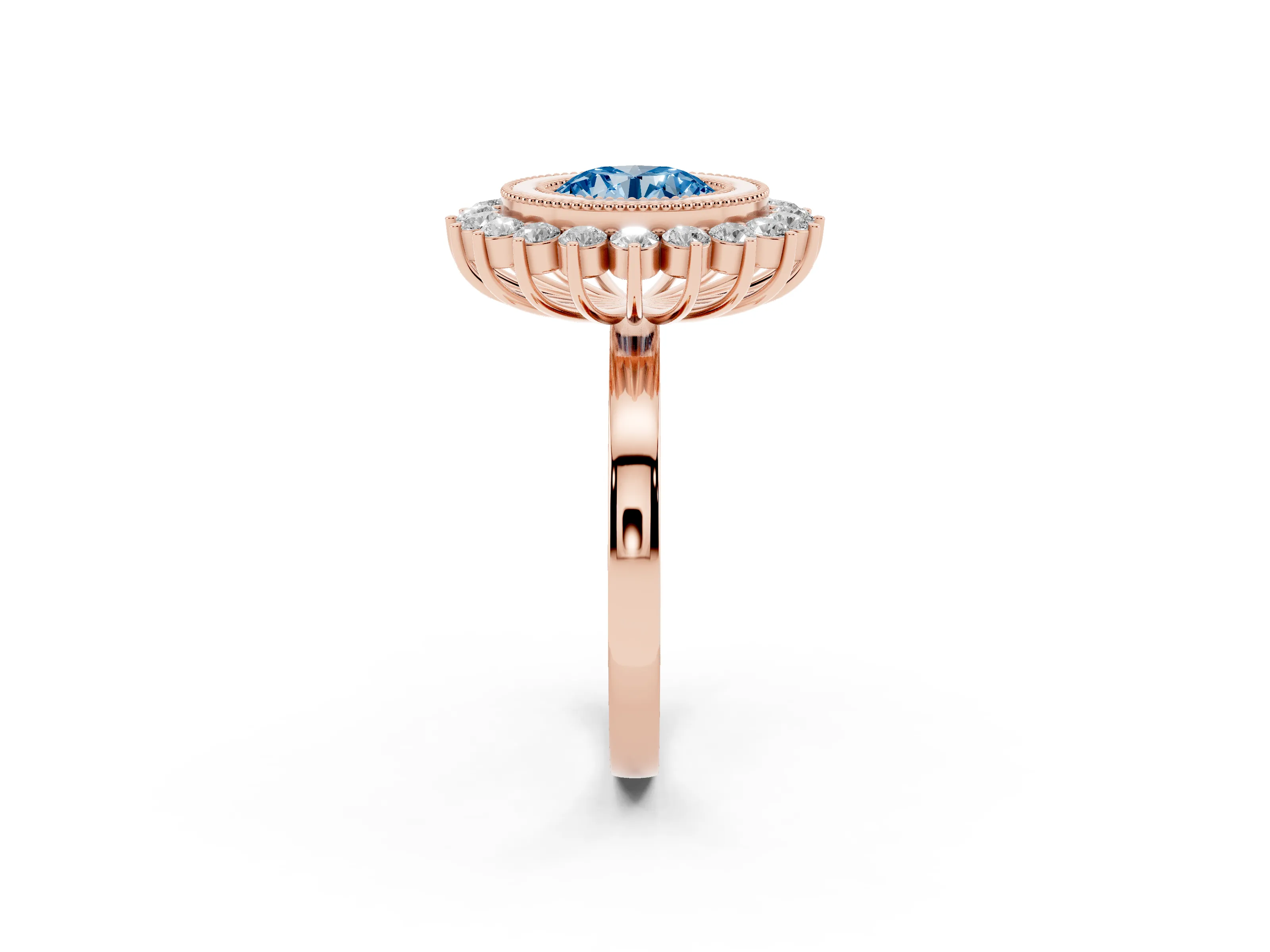 Fancy Blue Round Cut Diamond Halo Ring Set in Rose gold with Milgrain Edge and Round Prong Setting