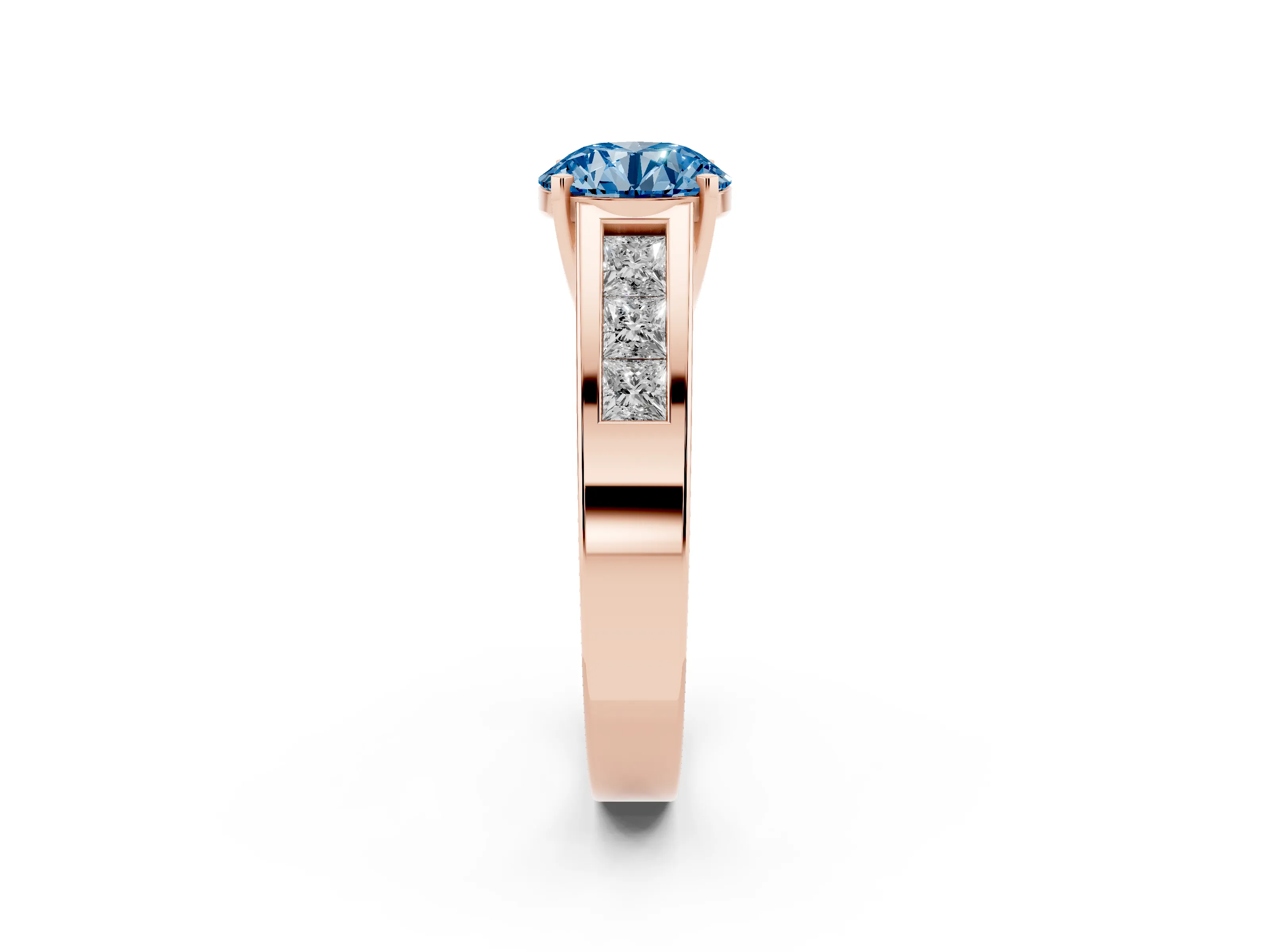 Fancy Blue Round Cut Diamond Solitaire Ring Set in Rose gold with Channel-Set Accent Stones and Prong Setting