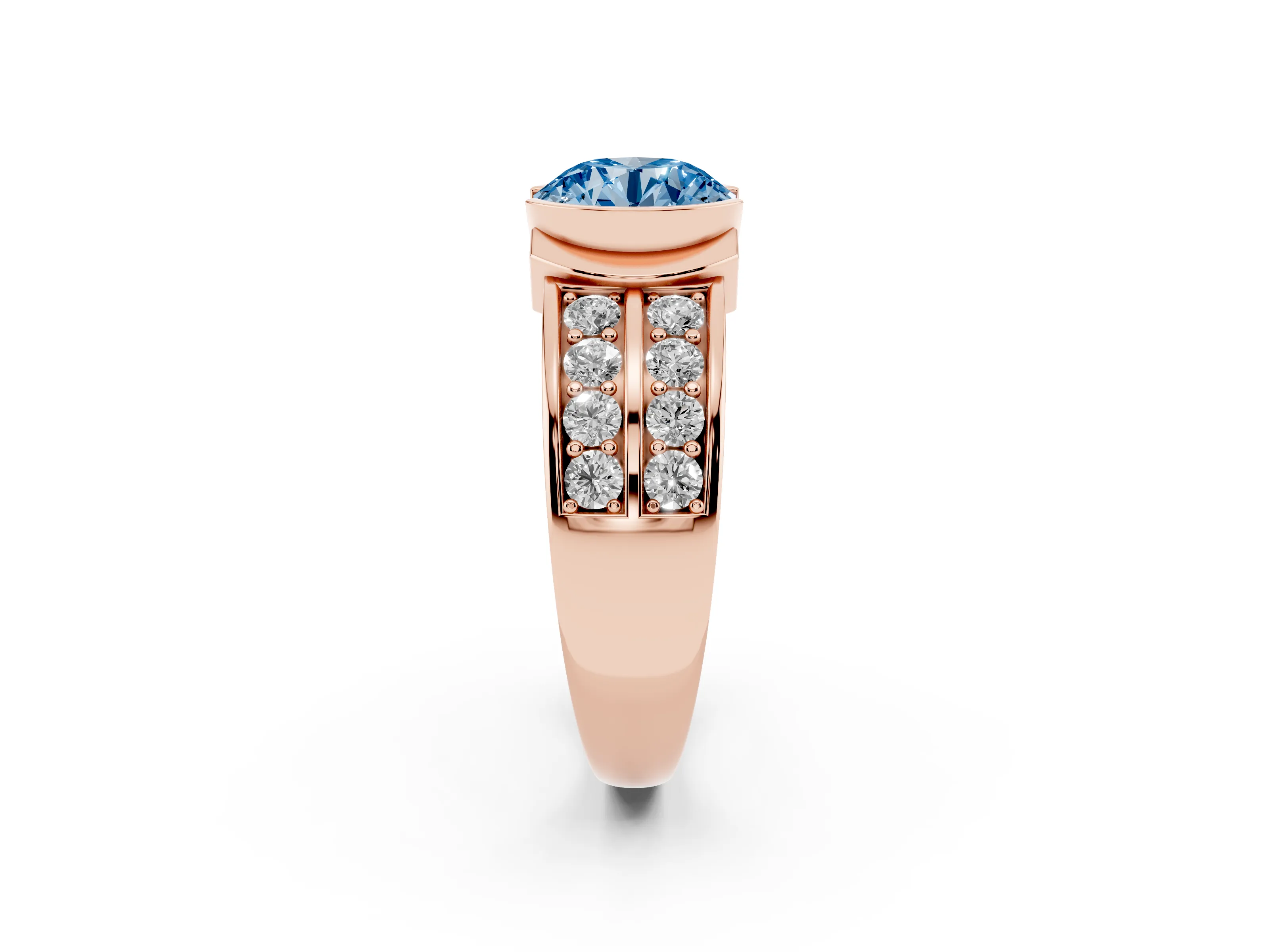 Fancy Blue Round Cut Diamond Wide Channel Set Band Ring Set in Rose gold with Bezel Setting