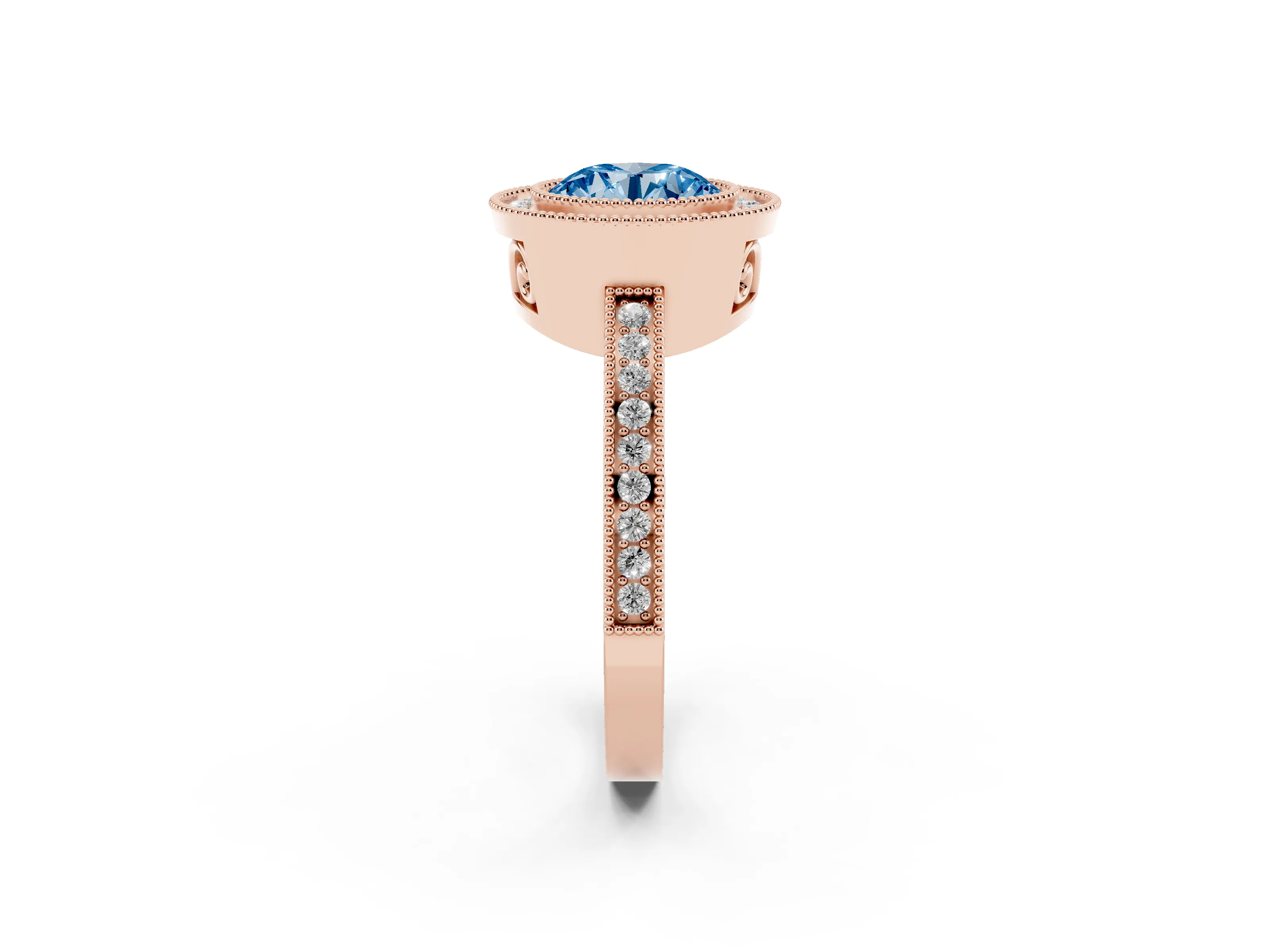 Fancy Blue Round Cut Diamond Halo Ring Set in Rose gold with Pavé Band and Milgrain-Edged Prongs