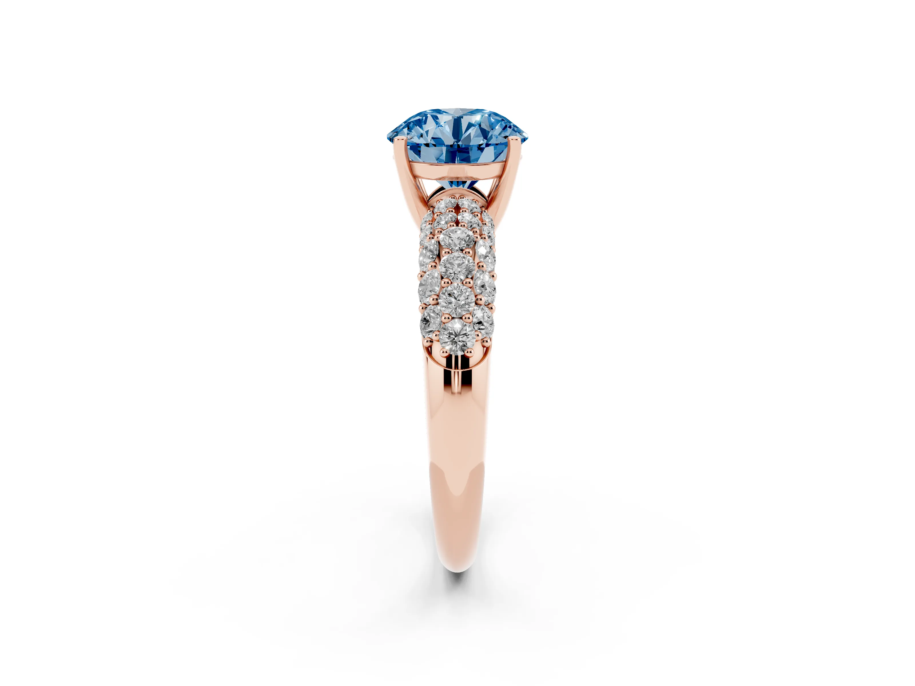 Fancy Blue Round Cut Diamond Pavé Band Solitaire Ring Set in Rose gold with Close-Set Accent Stones and Prong Setting
