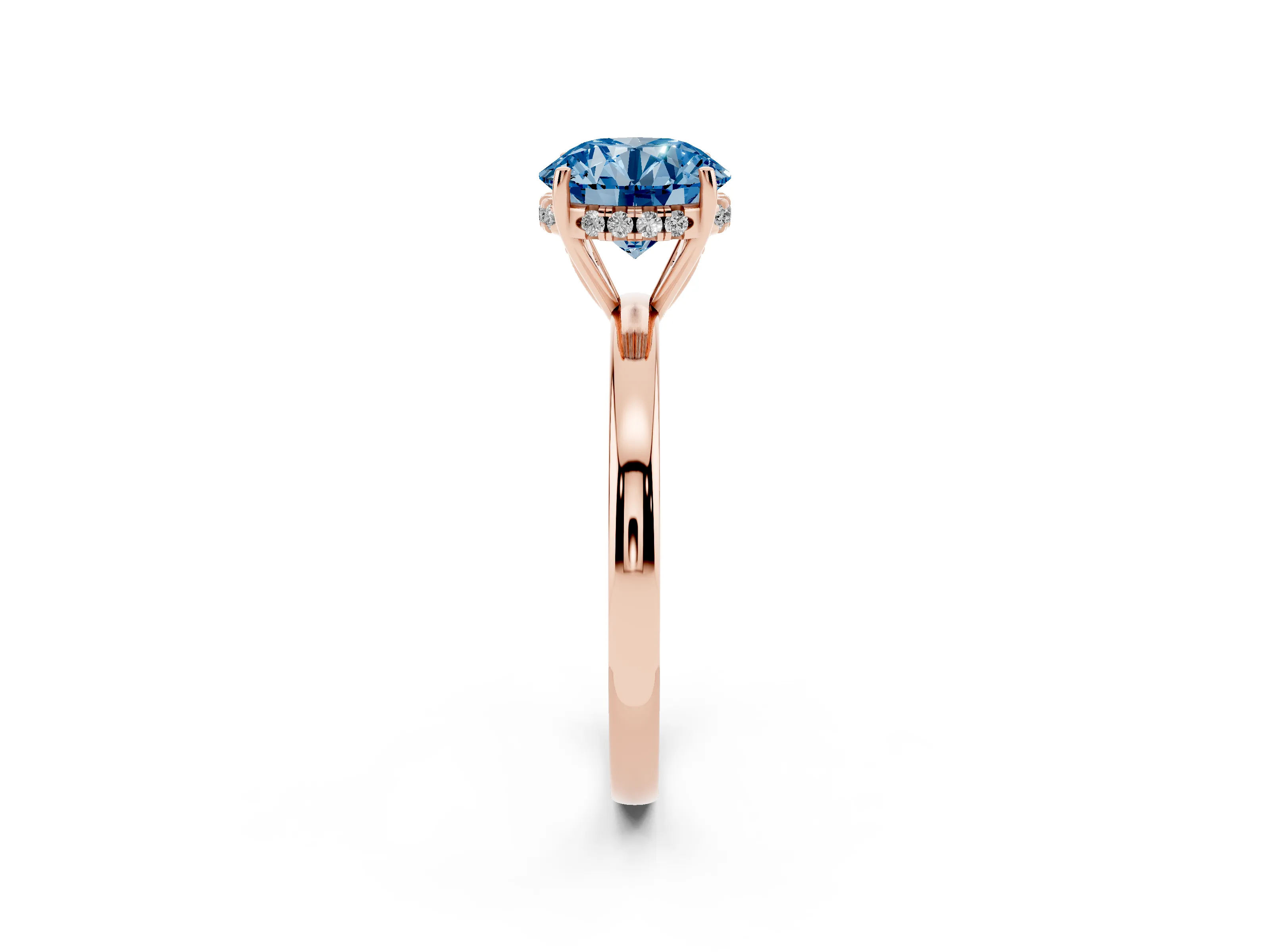 Fancy Blue Round Cut Diamond Solitaire Ring Set in Rose gold with Plain Band and Prong Setting