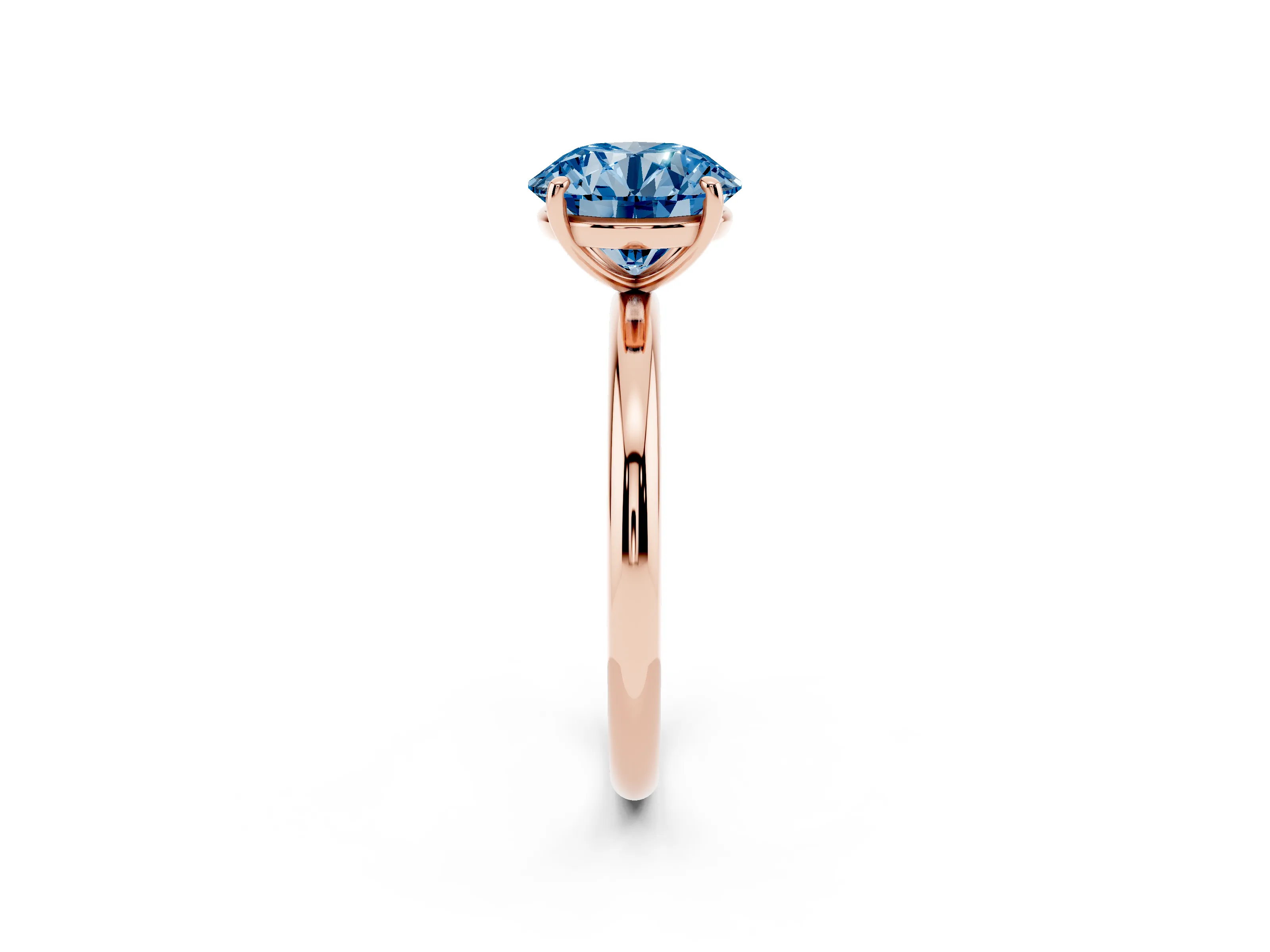 Fancy Blue Round Cut Diamond Solitaire Ring Set in Rose gold with Prong Setting on a Polished Plain Band