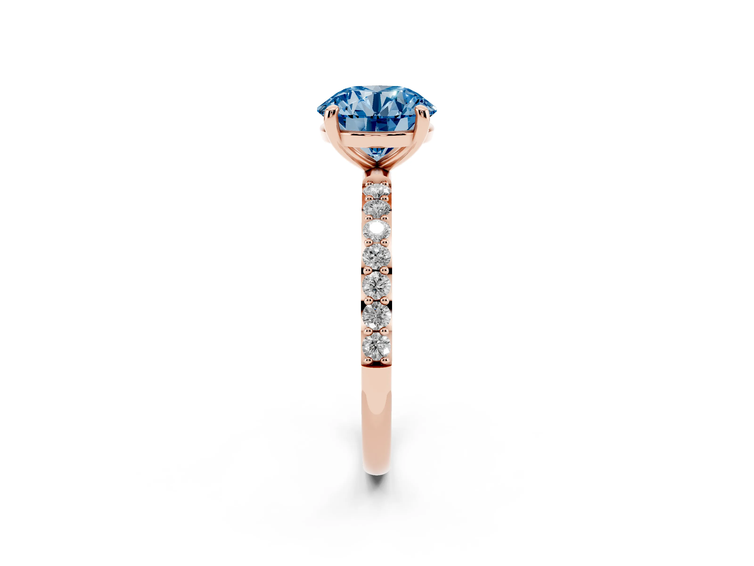 Fancy Blue Round Cut Diamond Solitaire Ring Set in Rose gold with Round Pavé Band and Prong Setting