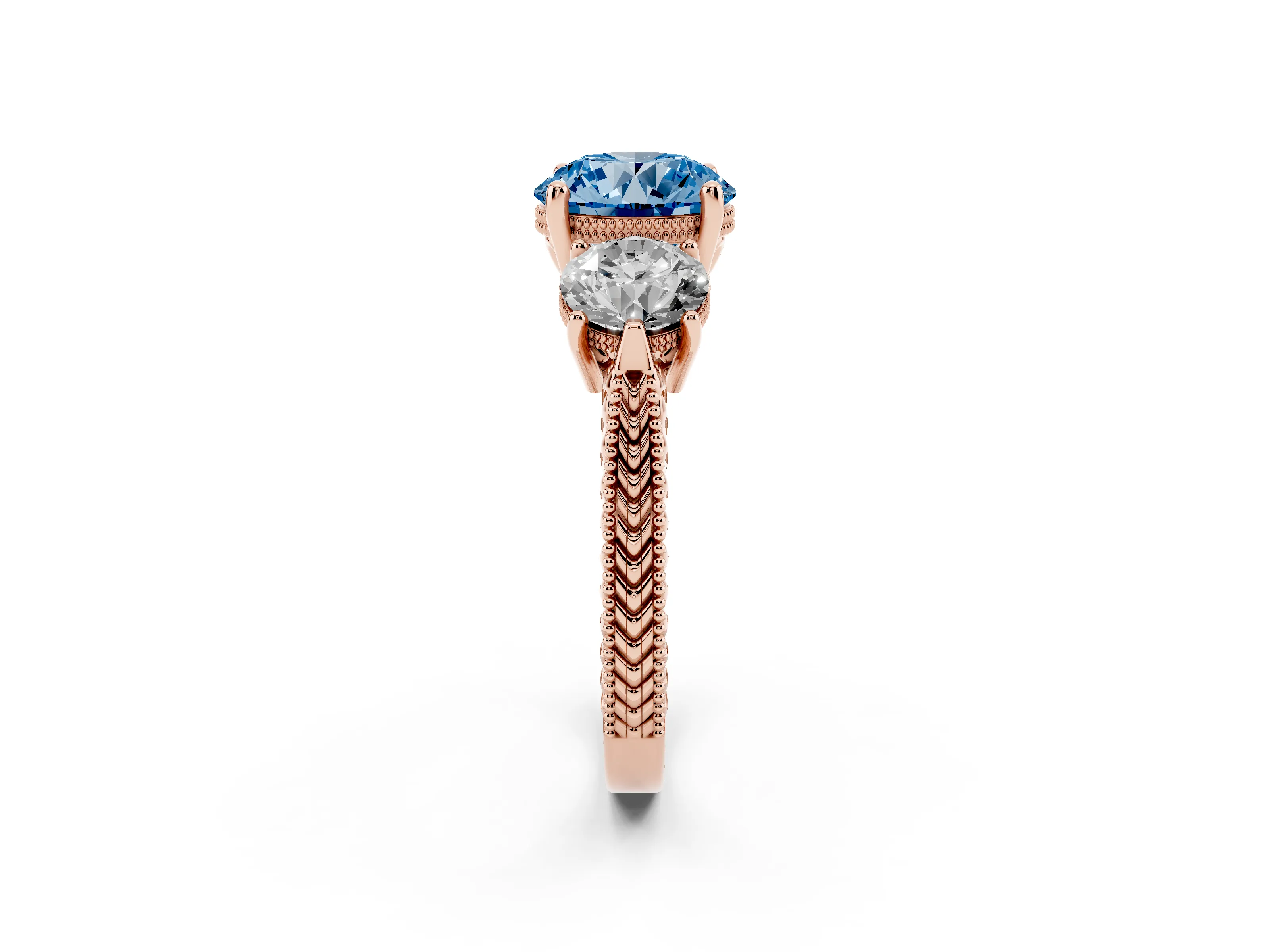 Fancy Blue Round Cut Diamond Three-Stone Ring Set in Rose gold with Milgrain Band