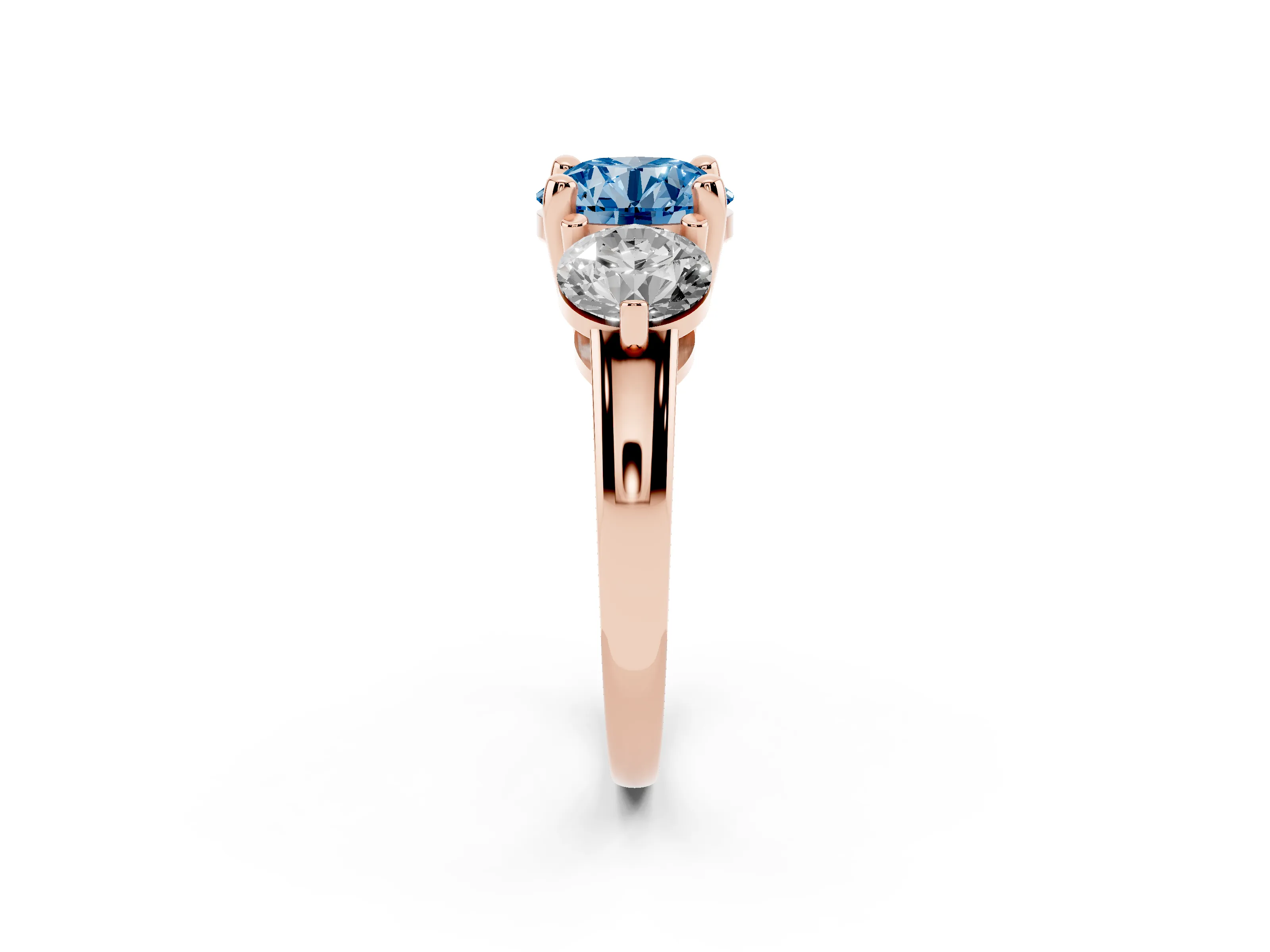 Fancy Blue Round Cut Diamond Three-Stone Ring Set in Rose gold with Prong Setting and Classic Band