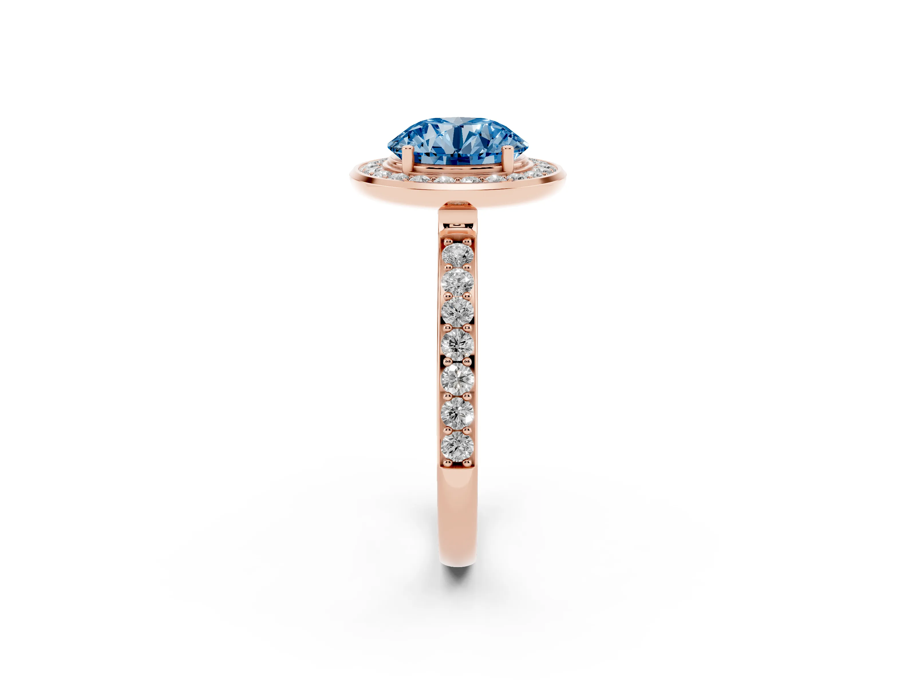 Fancy Blue Round Cut Diamond Halo Ring Set in Rose gold with Bezel Frame and Pavé Band