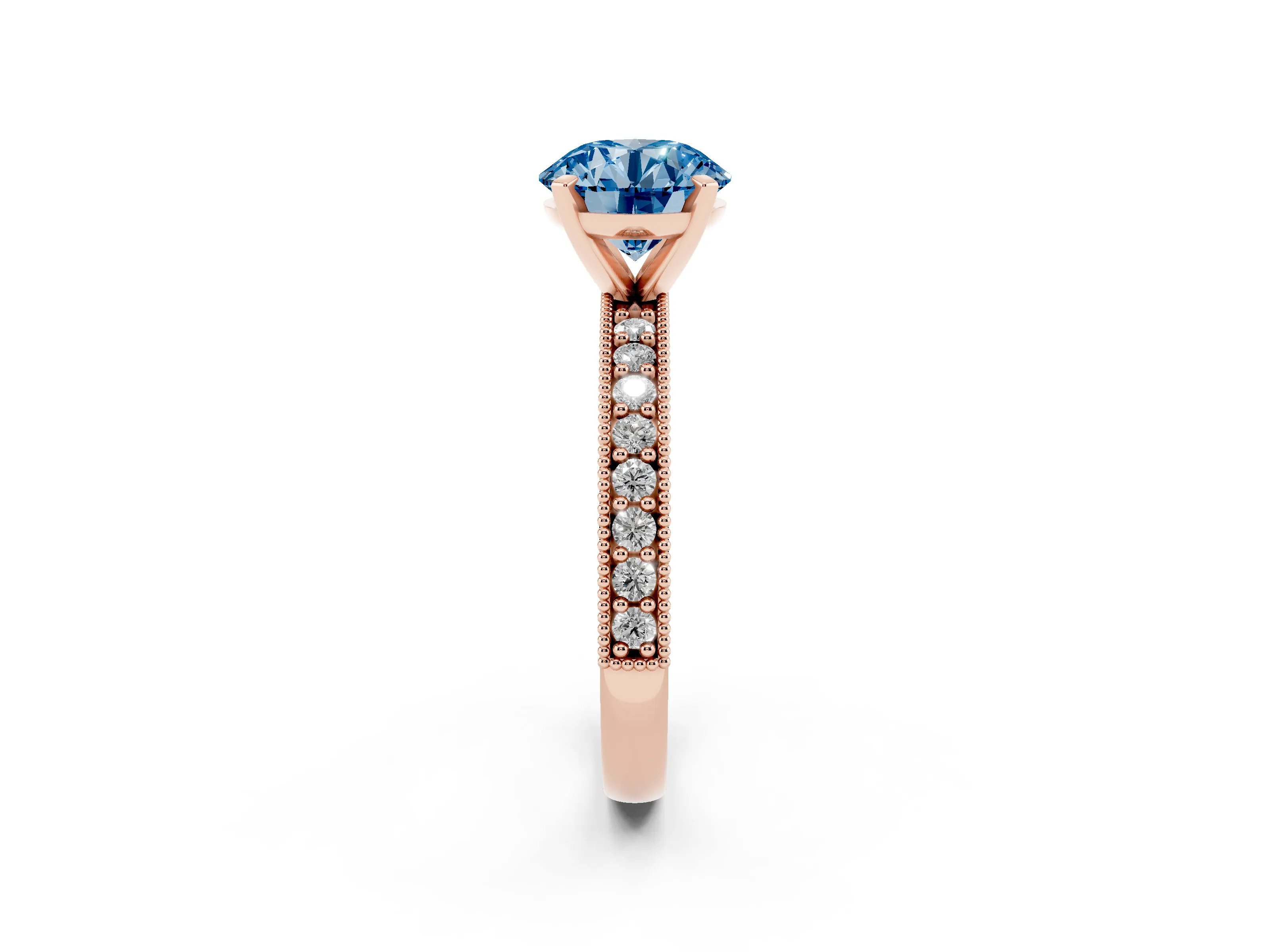 Fancy Blue Round Cut Diamond Milgrain Pavé Engagement Ring Set in Rose gold with Prong Setting
