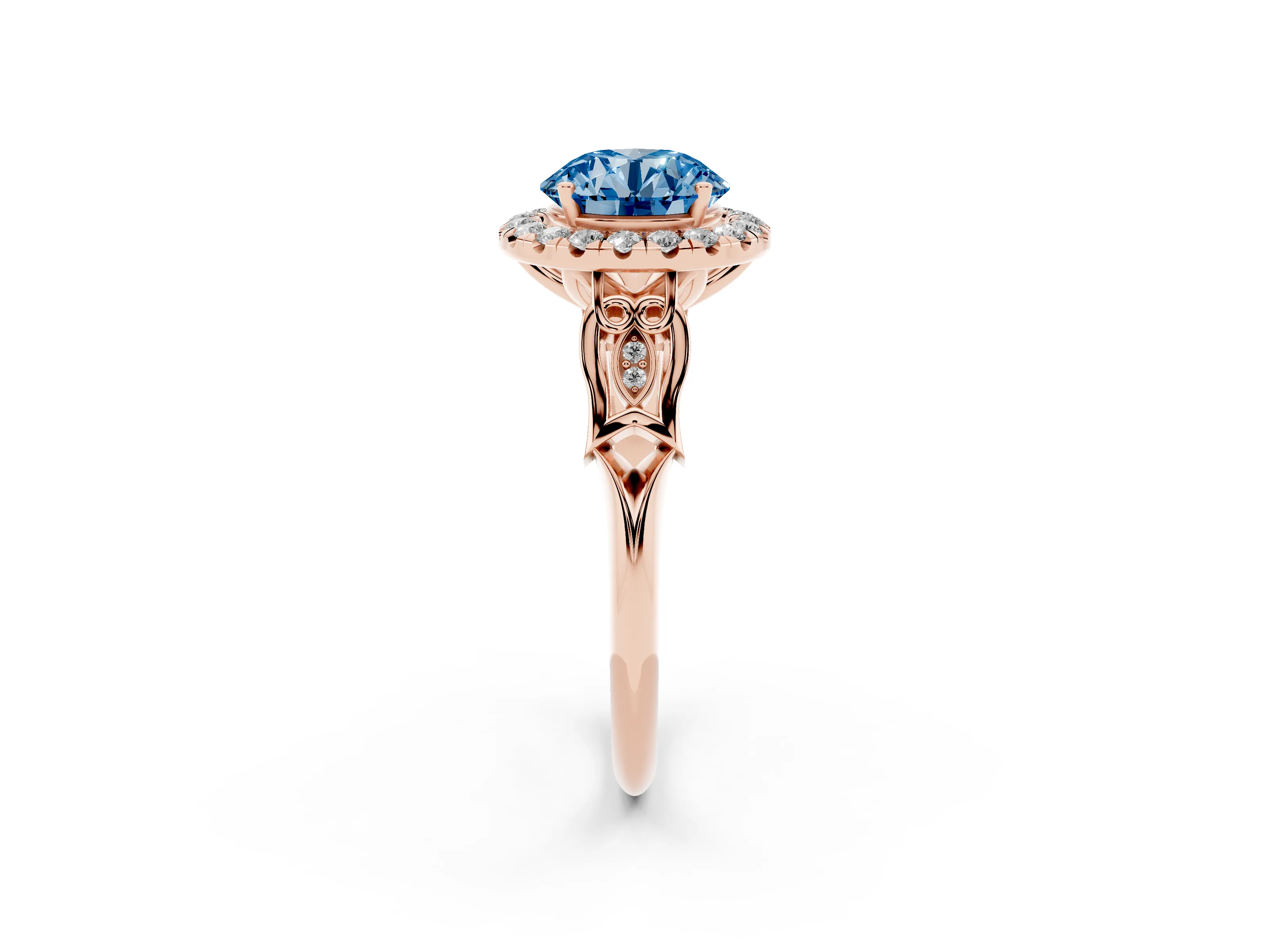 Fancy Blue Round Cut Diamond Halo Engagement Ring Set in Rose gold with Filigree Band and Prong-Set Center