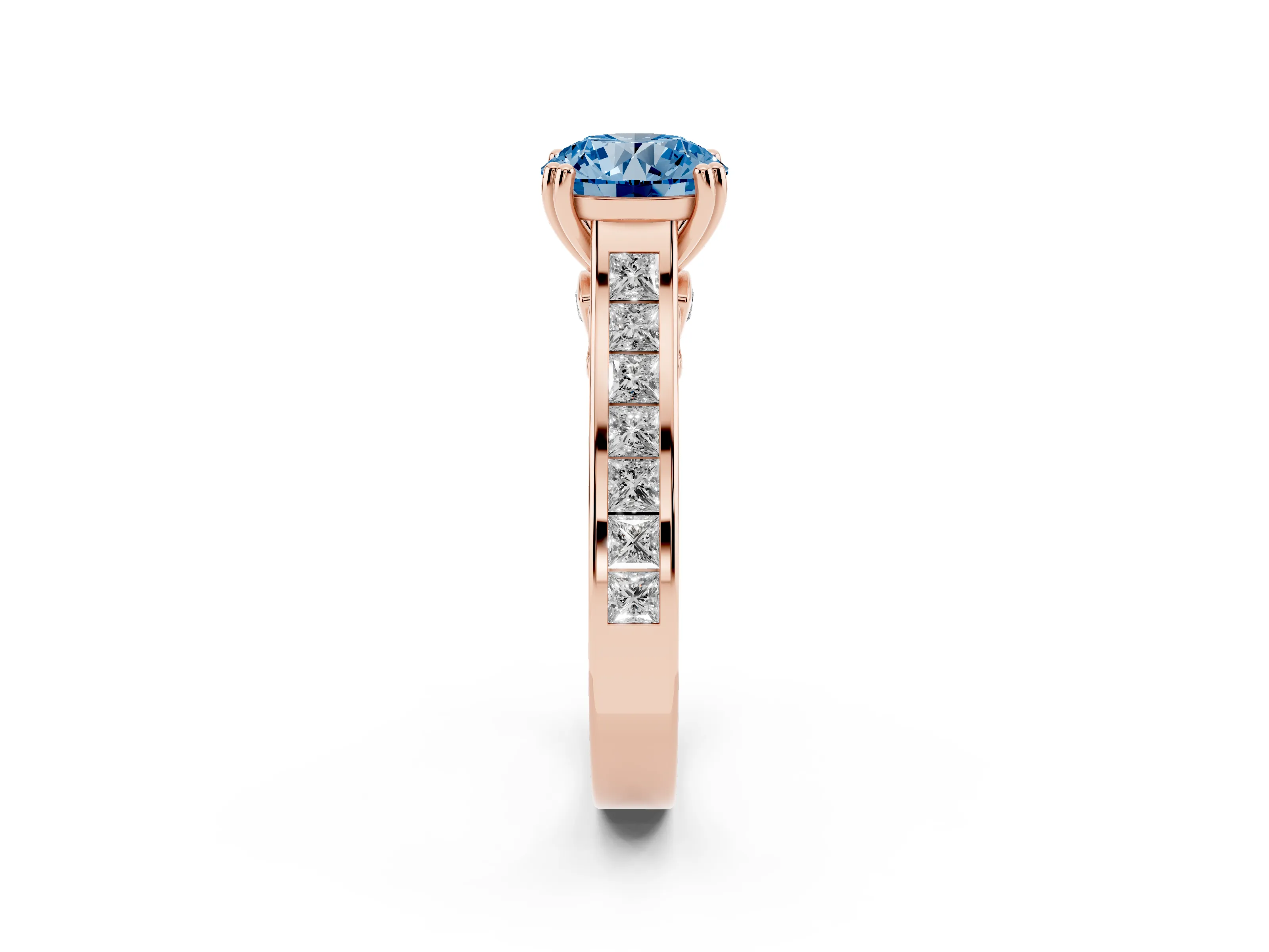 Fancy Blue Round Cut Diamond Channel Set Solitaire Engagement Ring Set in Rose gold with Prong Setting