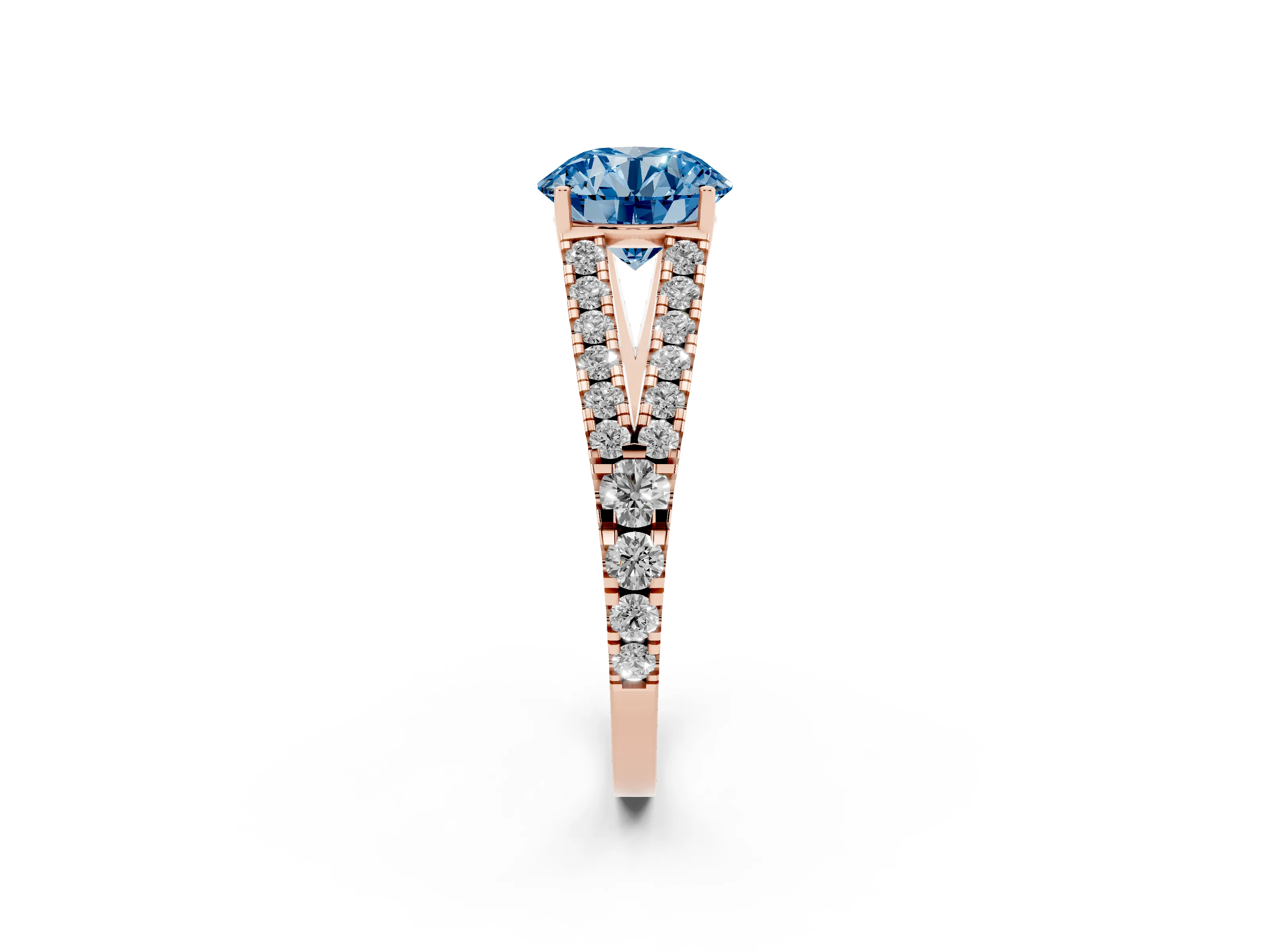 Fancy Blue Round Cut Diamond Split Shank Pavé Engagement Ring Set in Rose gold with Prong-Held Center Stone