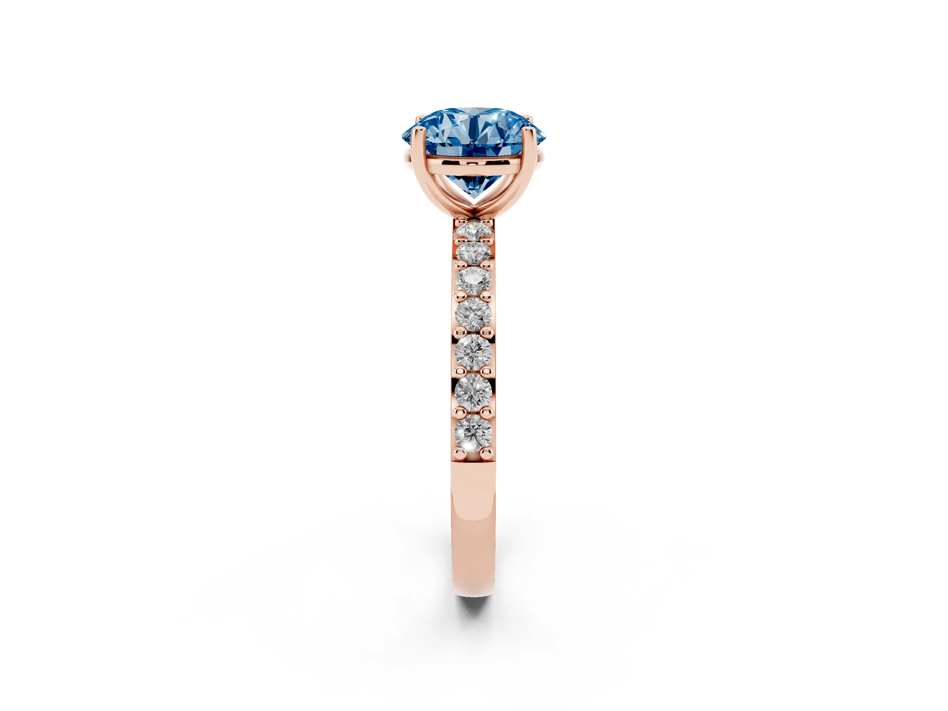 Fancy Blue Round Cut Diamond Solitaire Set in Rose gold with Round Pavé Band and Prong Setting