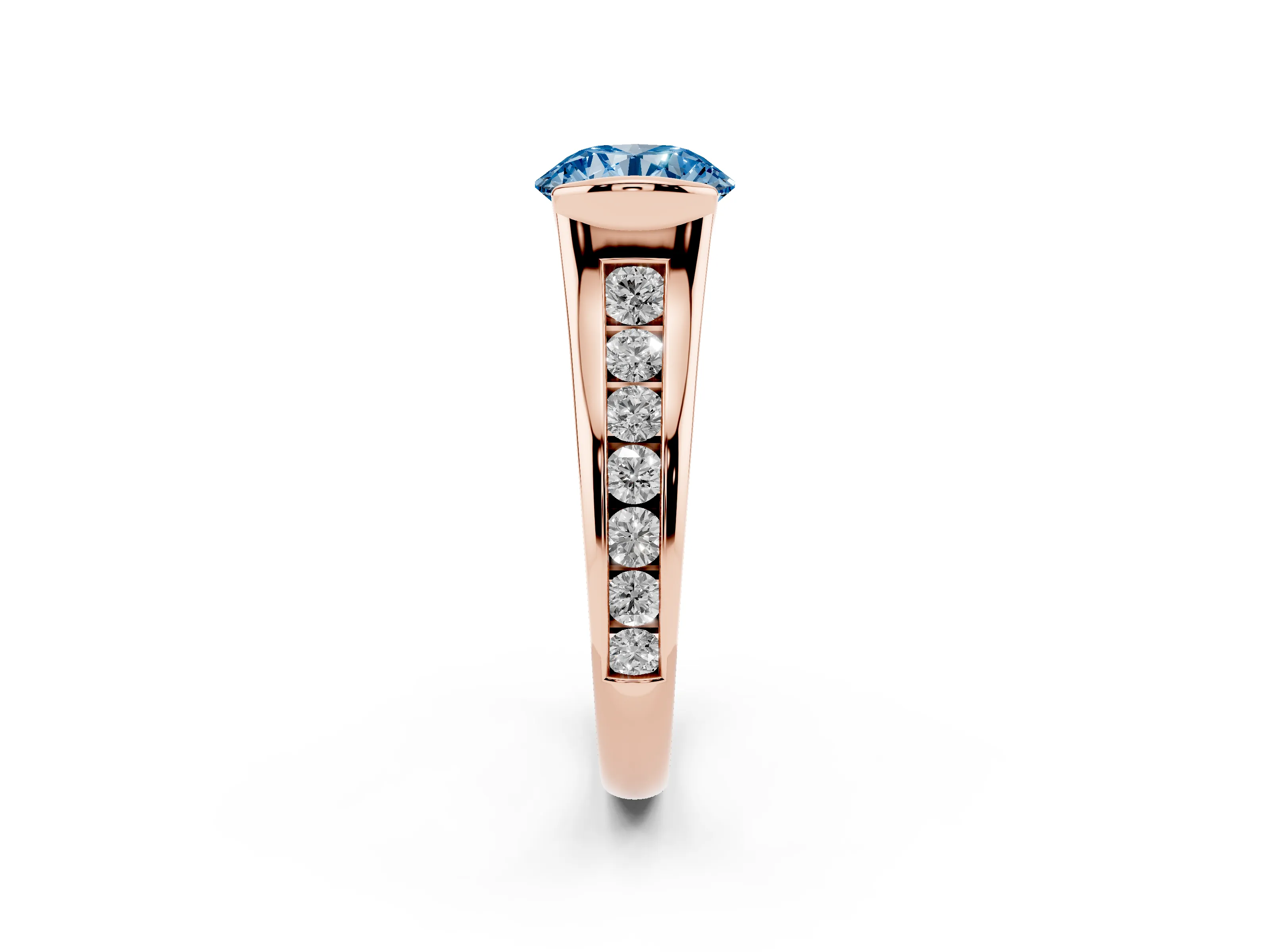 Fancy Blue Round Cut Diamond Bezel-Set Solitaire Ring Set in Rose gold with Channel-Set Band