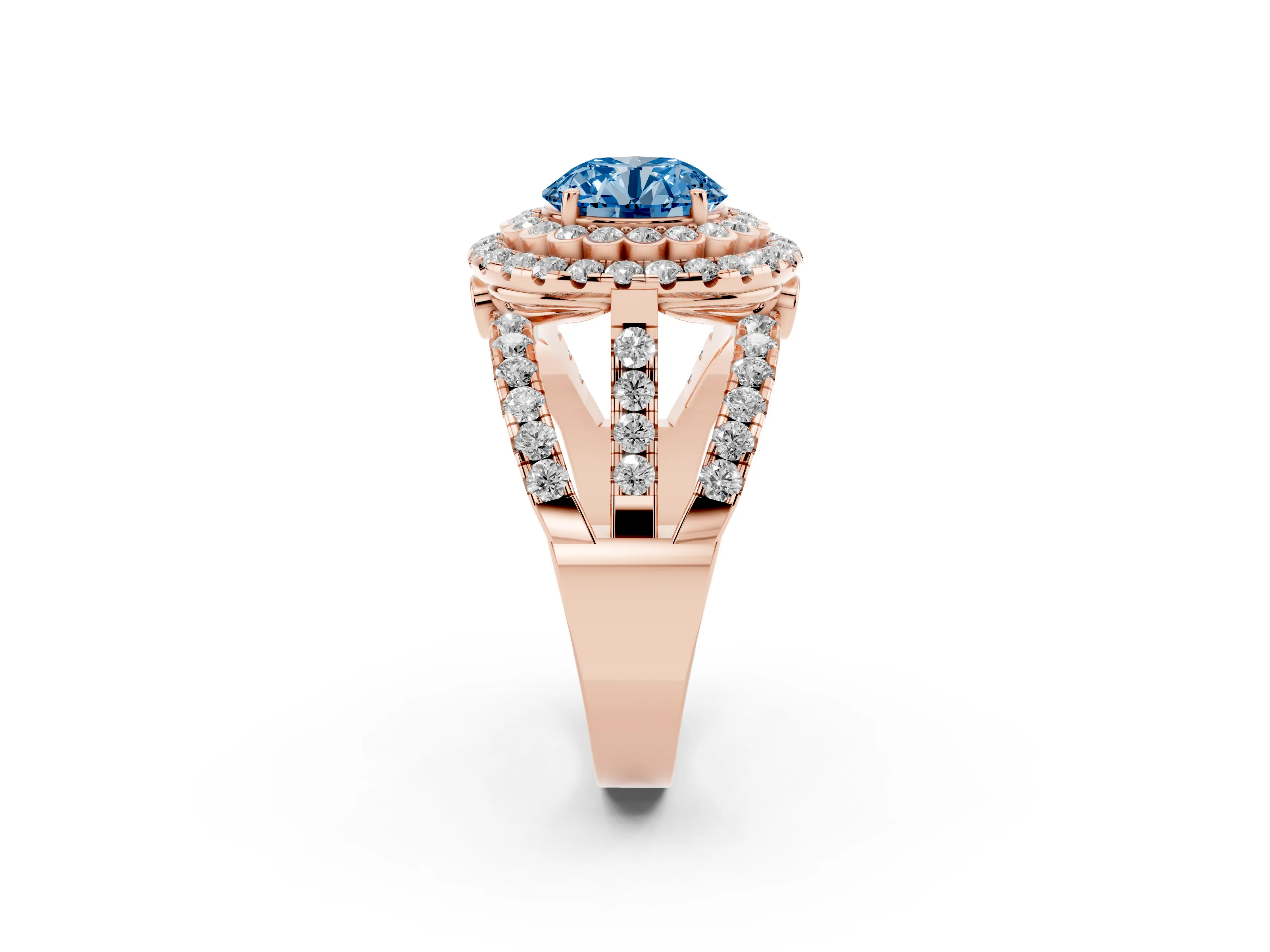 Fancy Blue Round Cut Diamond Double Halo Ring Set in Rose gold with Round Pavé Split Shank
