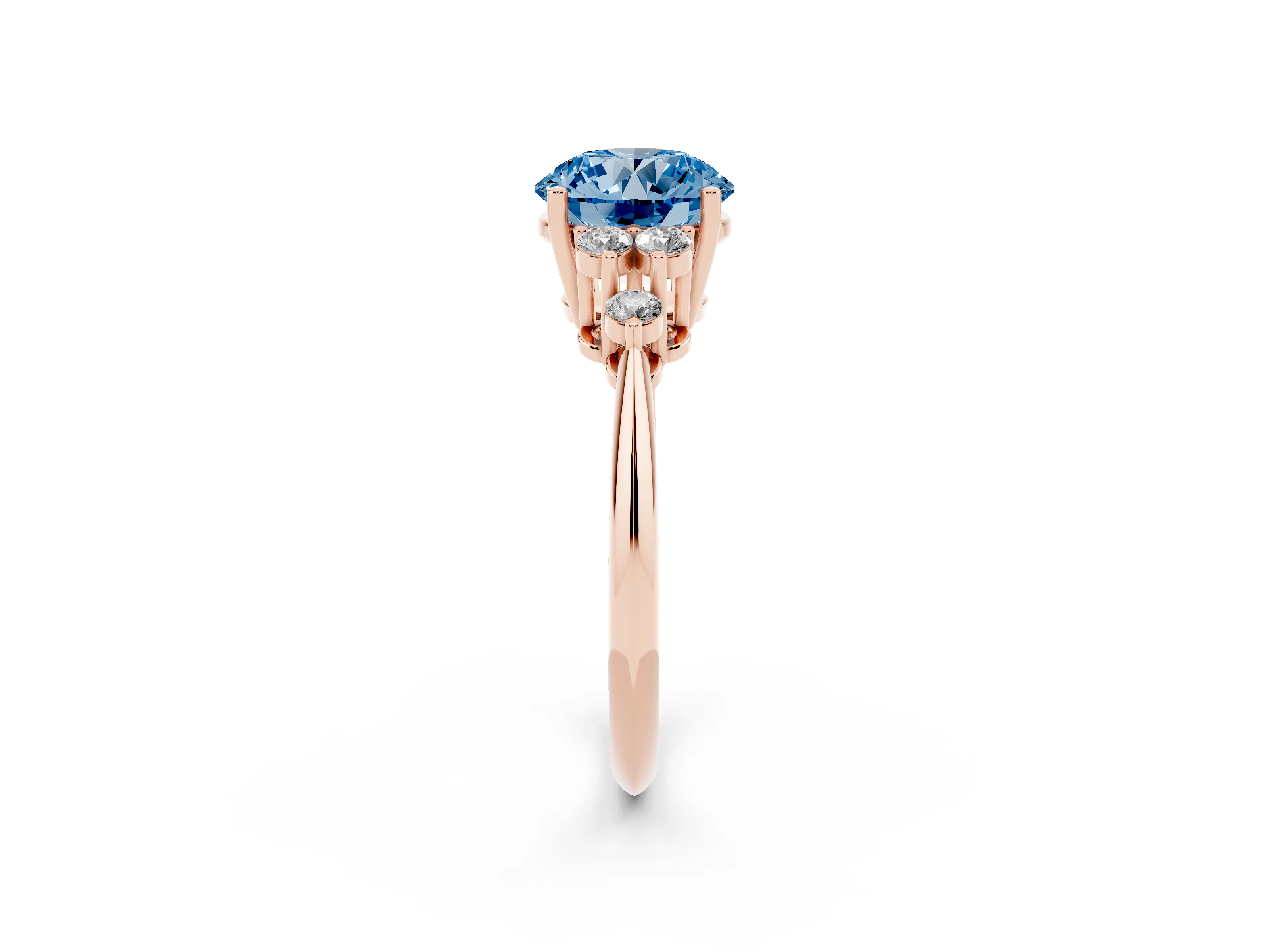 Fancy Blue Round Cut Diamond Cluster Ring Set in Rose gold with Plain Band and Prong Setting