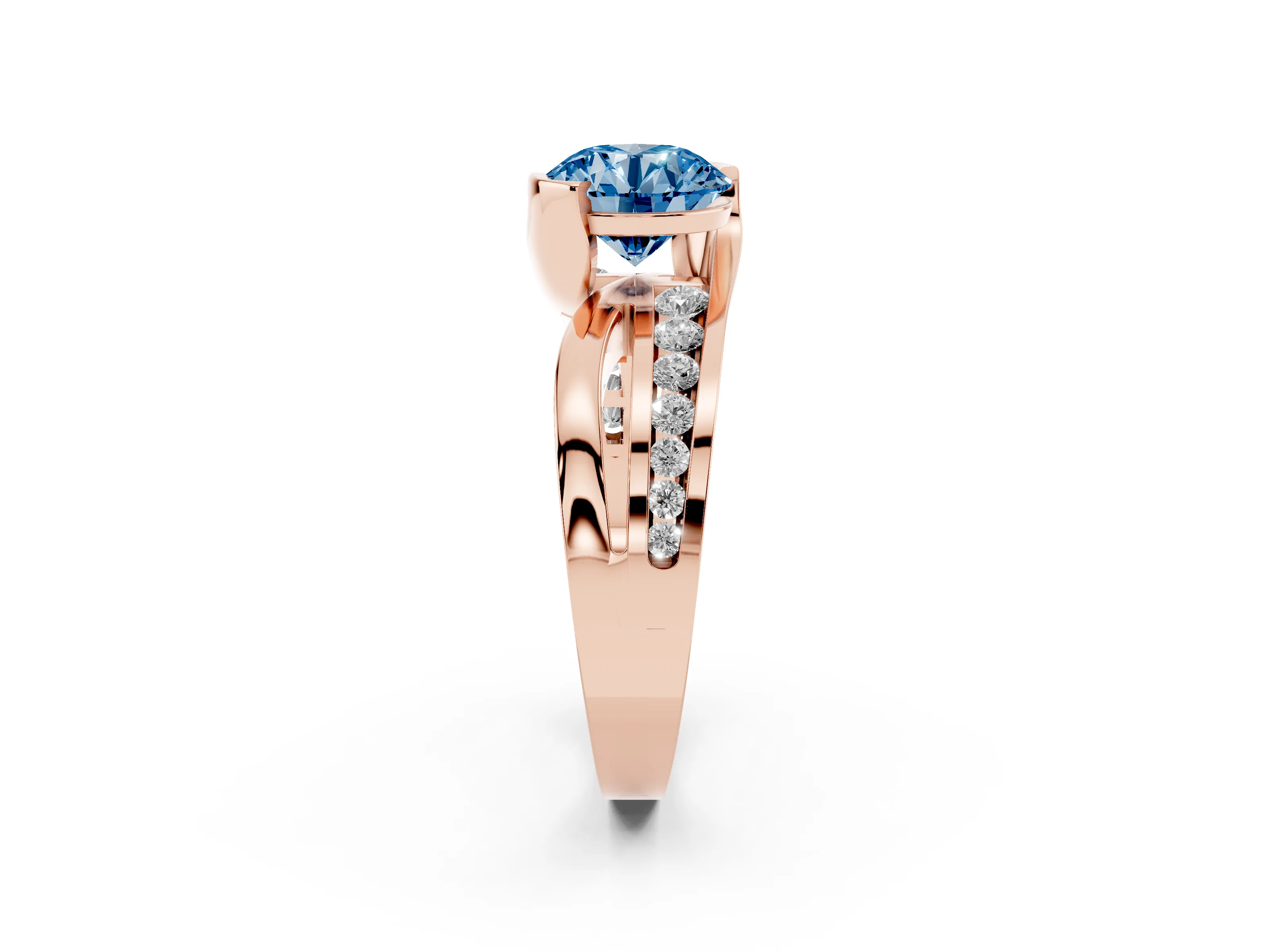 Fancy Blue Round Cut Diamond Solitaire Ring Set in Rose gold with Channel Set Split Shank and Tension Prongs