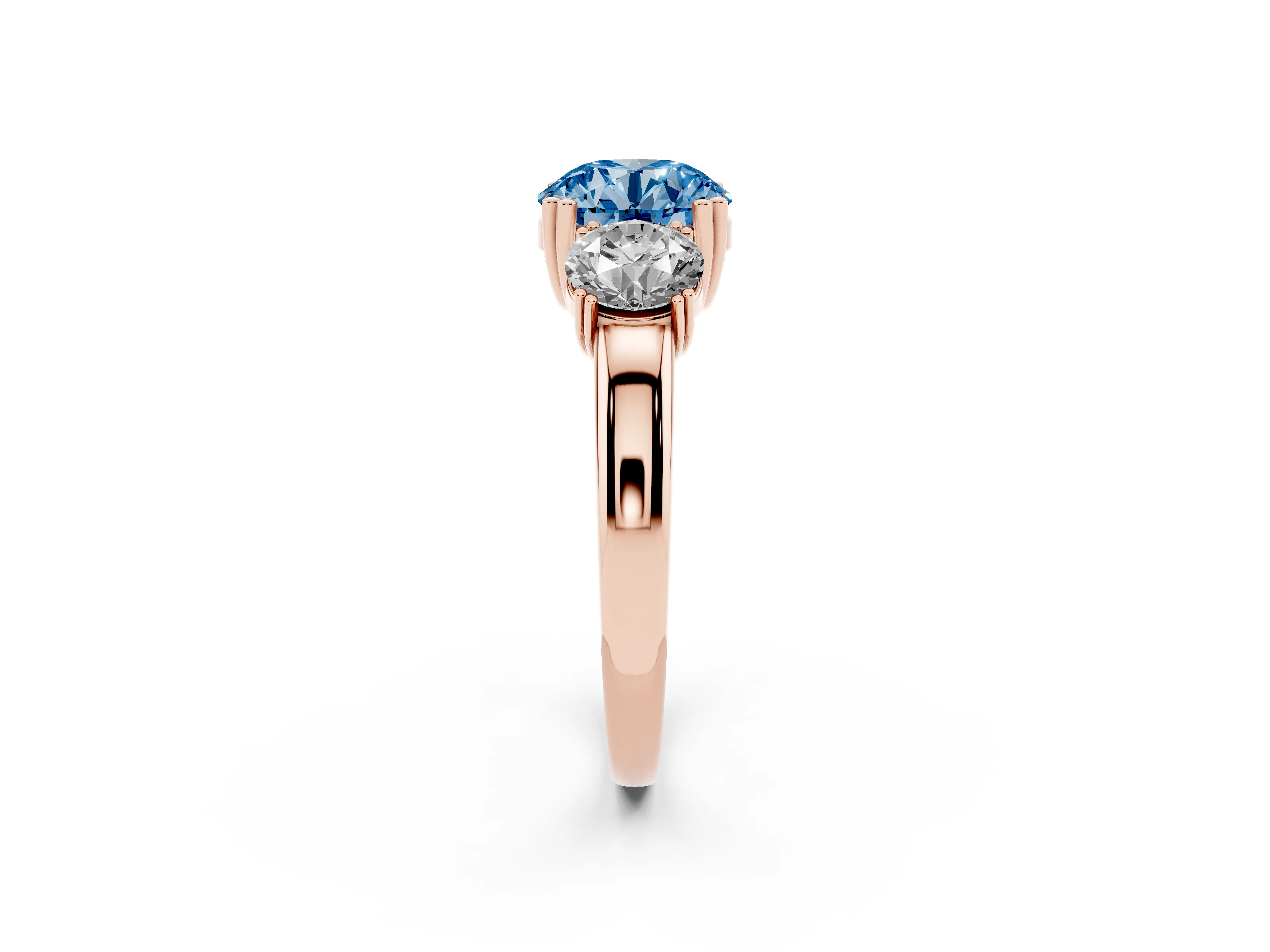 Fancy Blue Round Cut Diamond Three-Stone Ring Set in Rose gold with Polished Channel-Set Band
