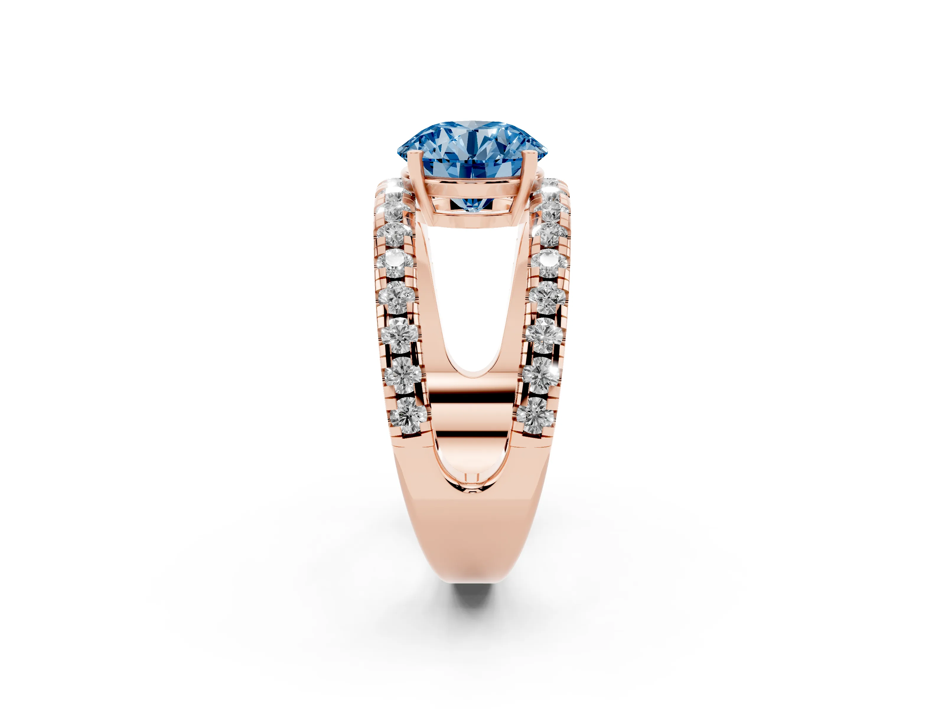 Fancy Blue Round Cut Diamond Split Shank Pavé Solitaire Ring Set in Rose gold with Open Shank Design