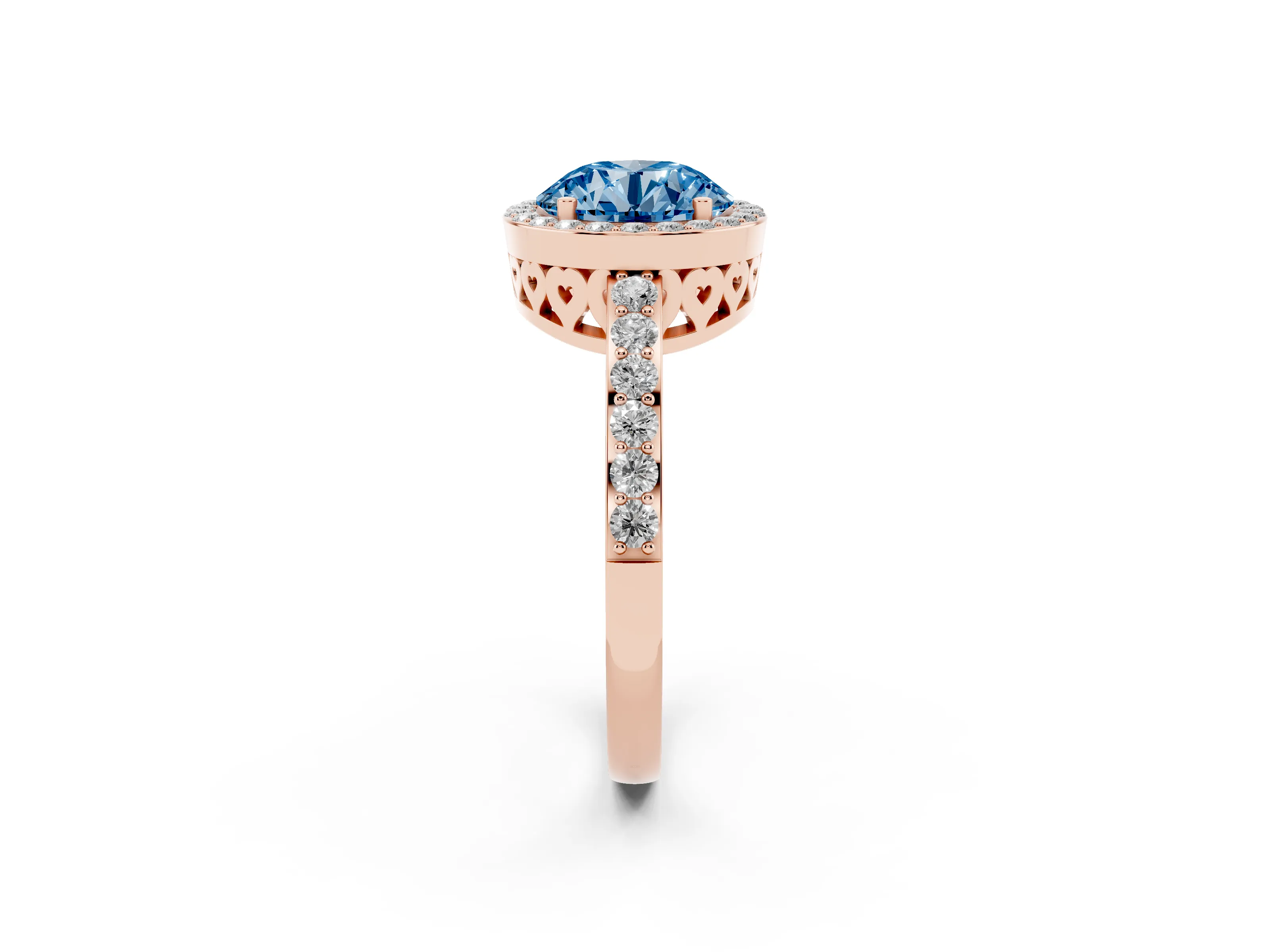 Fancy Blue Round Cut Diamond Halo Ring Set in Rose gold with Pavé-Setting Band and Open Prong Center