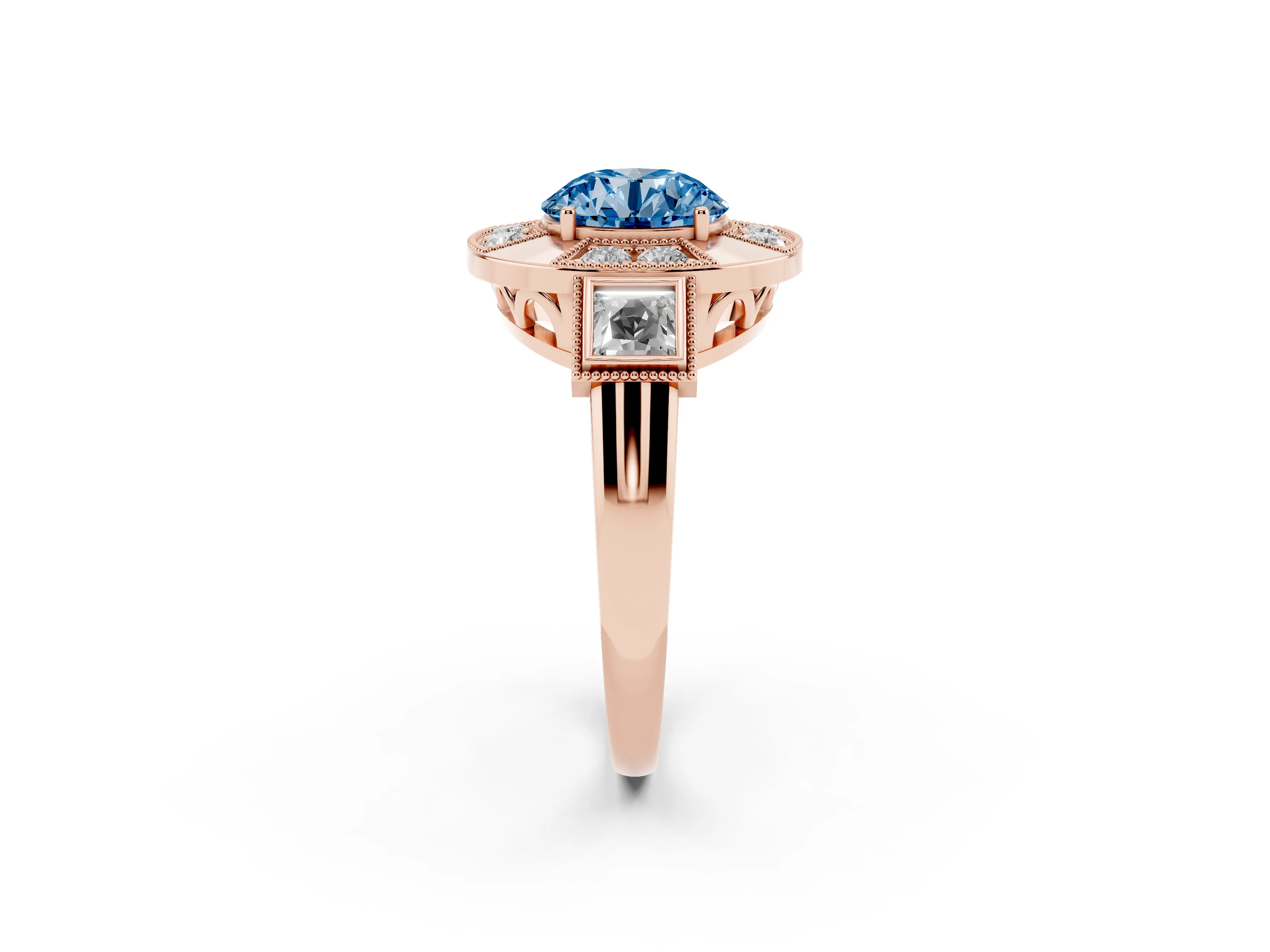 Fancy Blue Round Cut Diamond Milgrain Halo Ring Set in Rose gold with Split Shank
