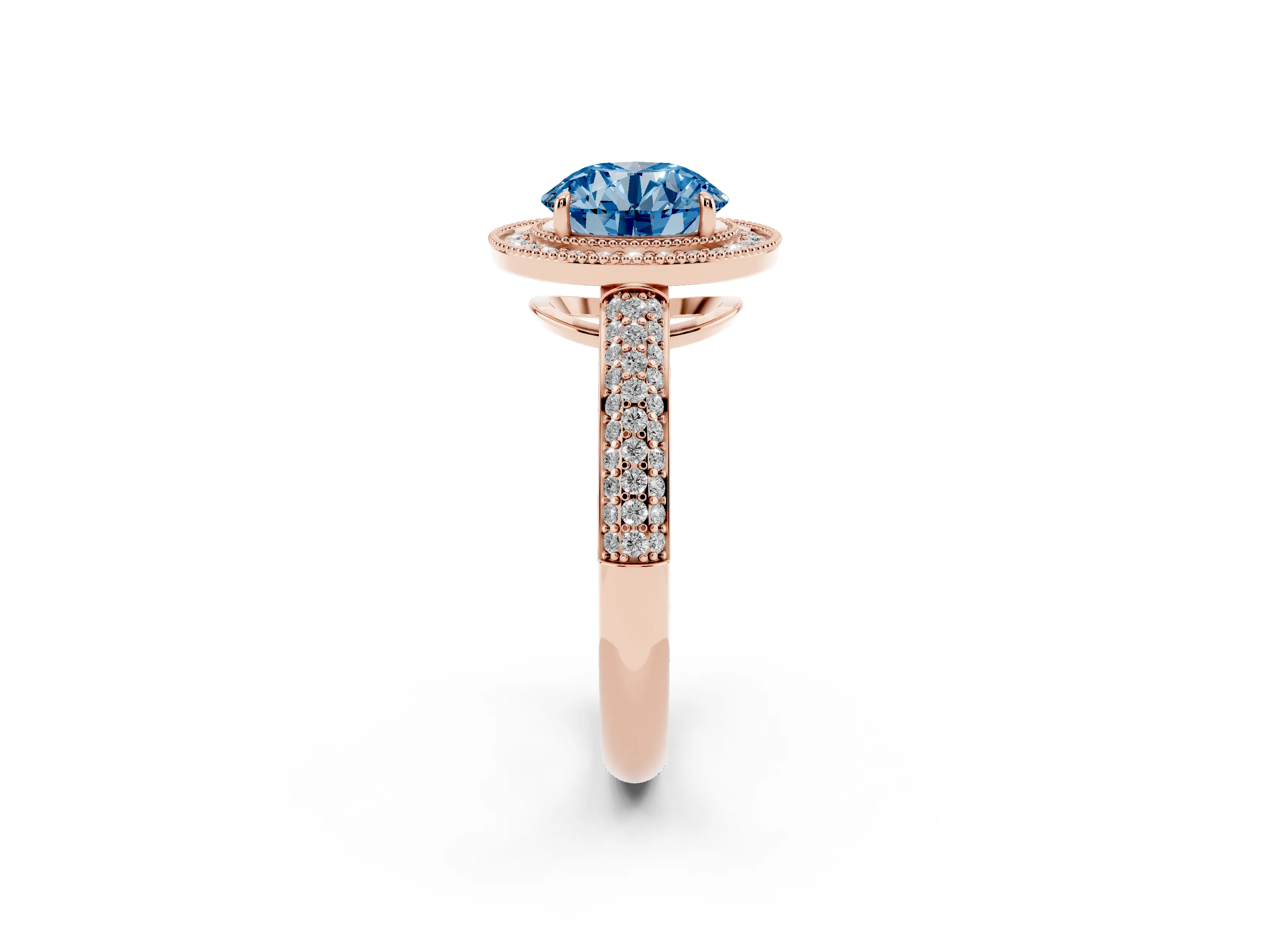 Fancy Blue Round Cut Diamond Halo Pavé Band Set in Rose gold with Prong Setting
