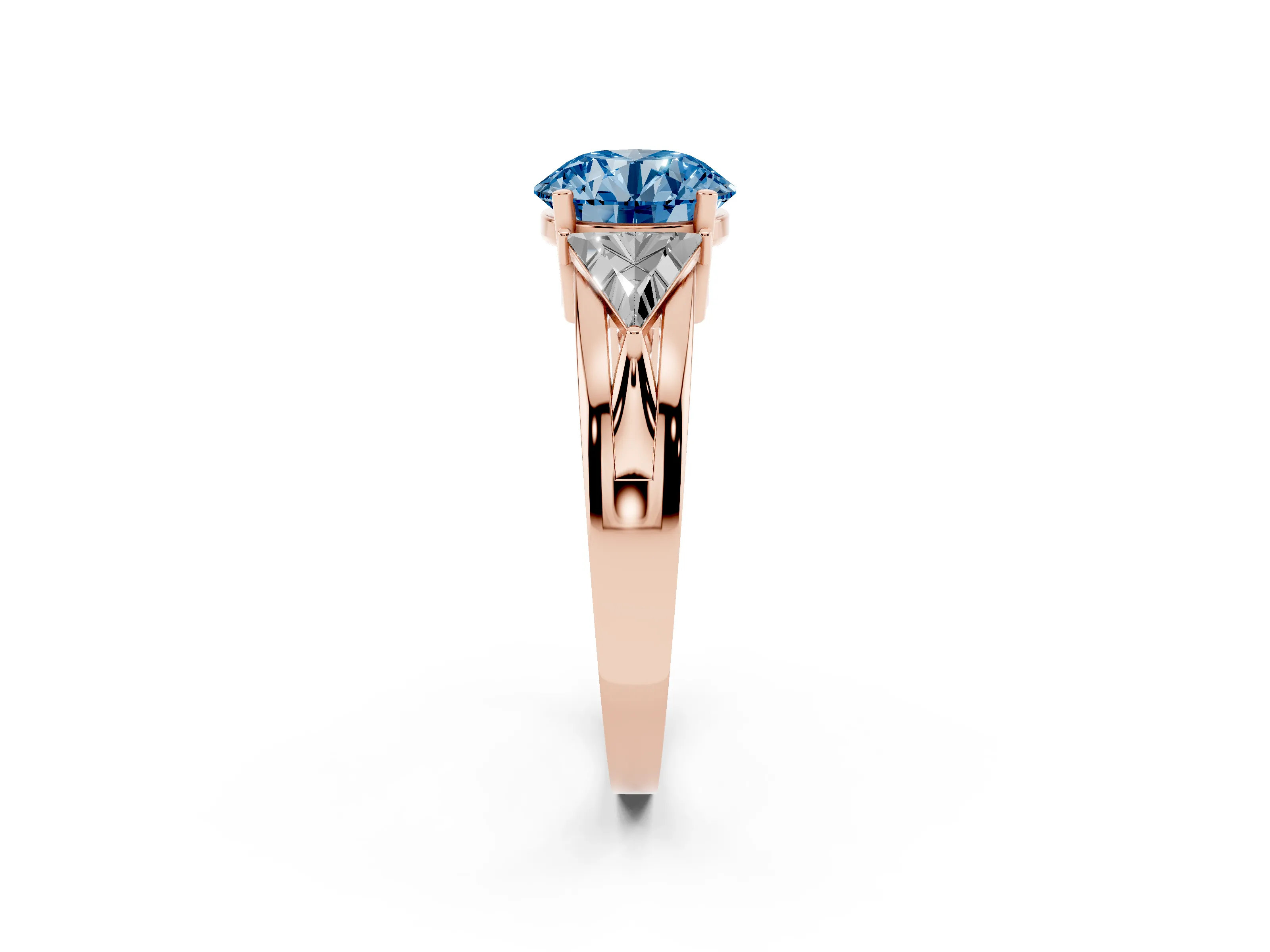 Fancy Blue Round Cut Diamond Three-Stone Ring Set in Rose gold with Trillion Side Stones and Split Shank