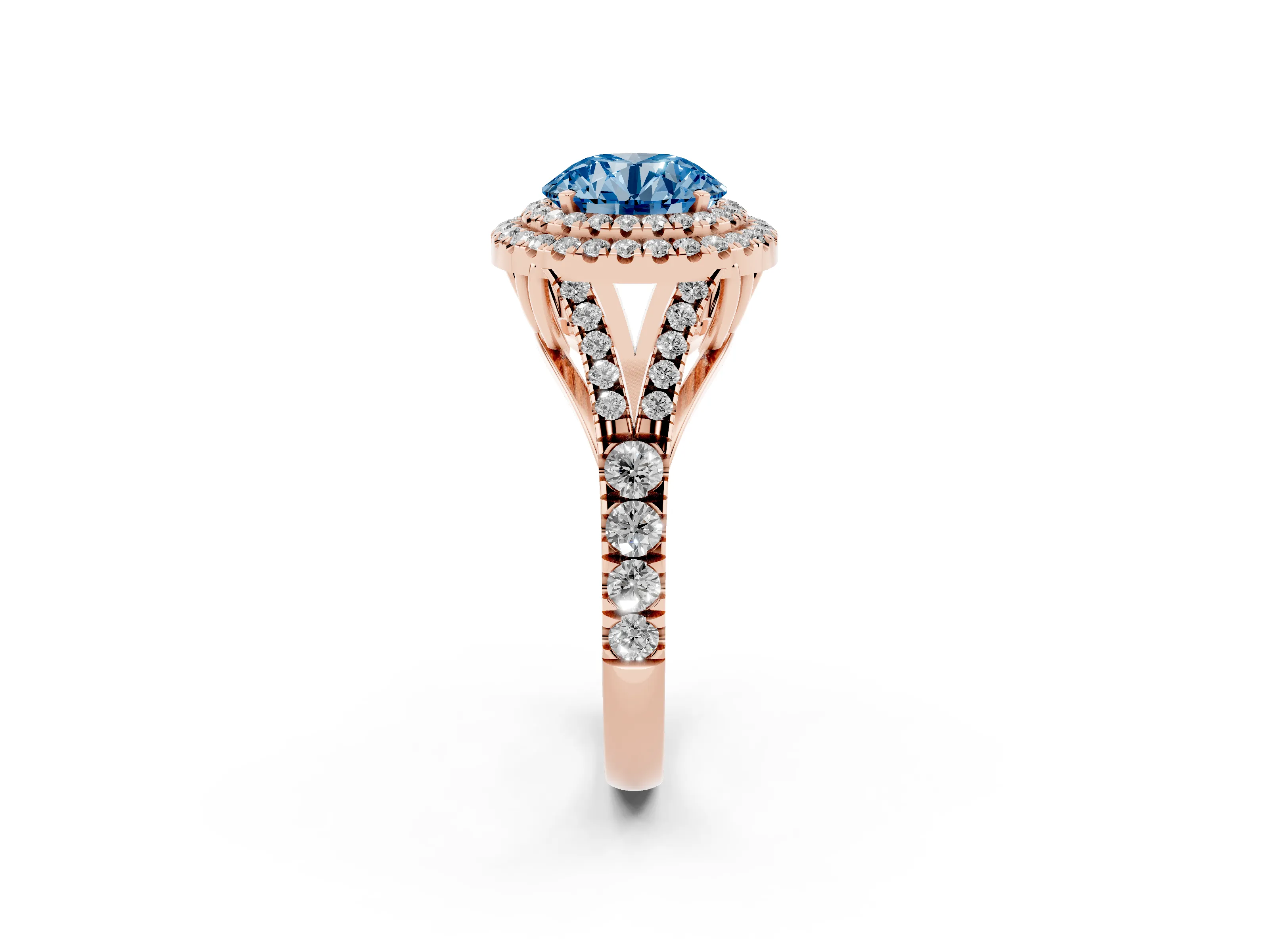 Fancy Blue Round Cut Diamond Pavé Split Shank Double Halo Engagement Ring Set in Rose gold
