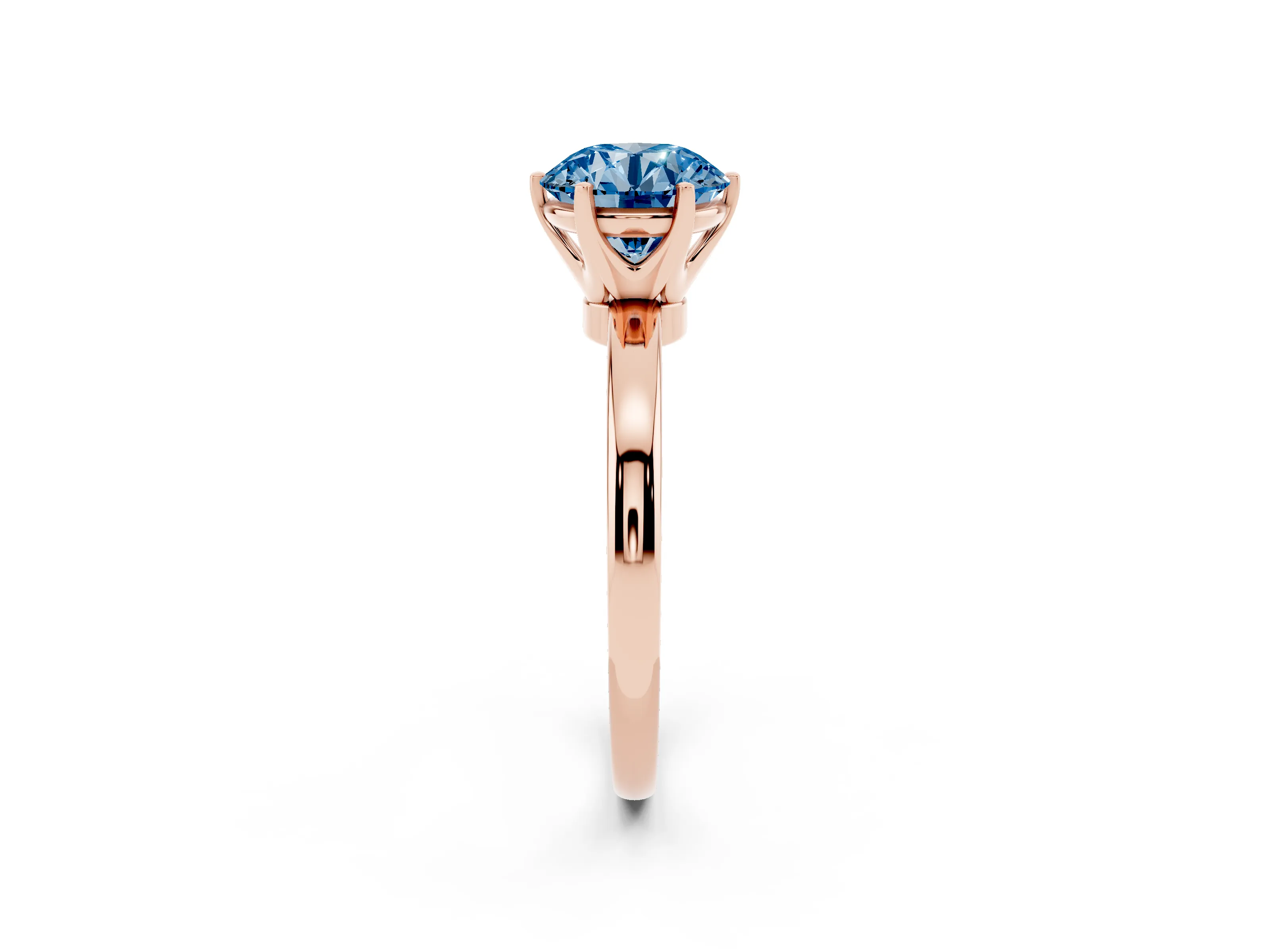 Fancy Blue Round Cut Diamond Solitaire Ring Set in Rose gold with Raised Prong Setting on a Classic Band