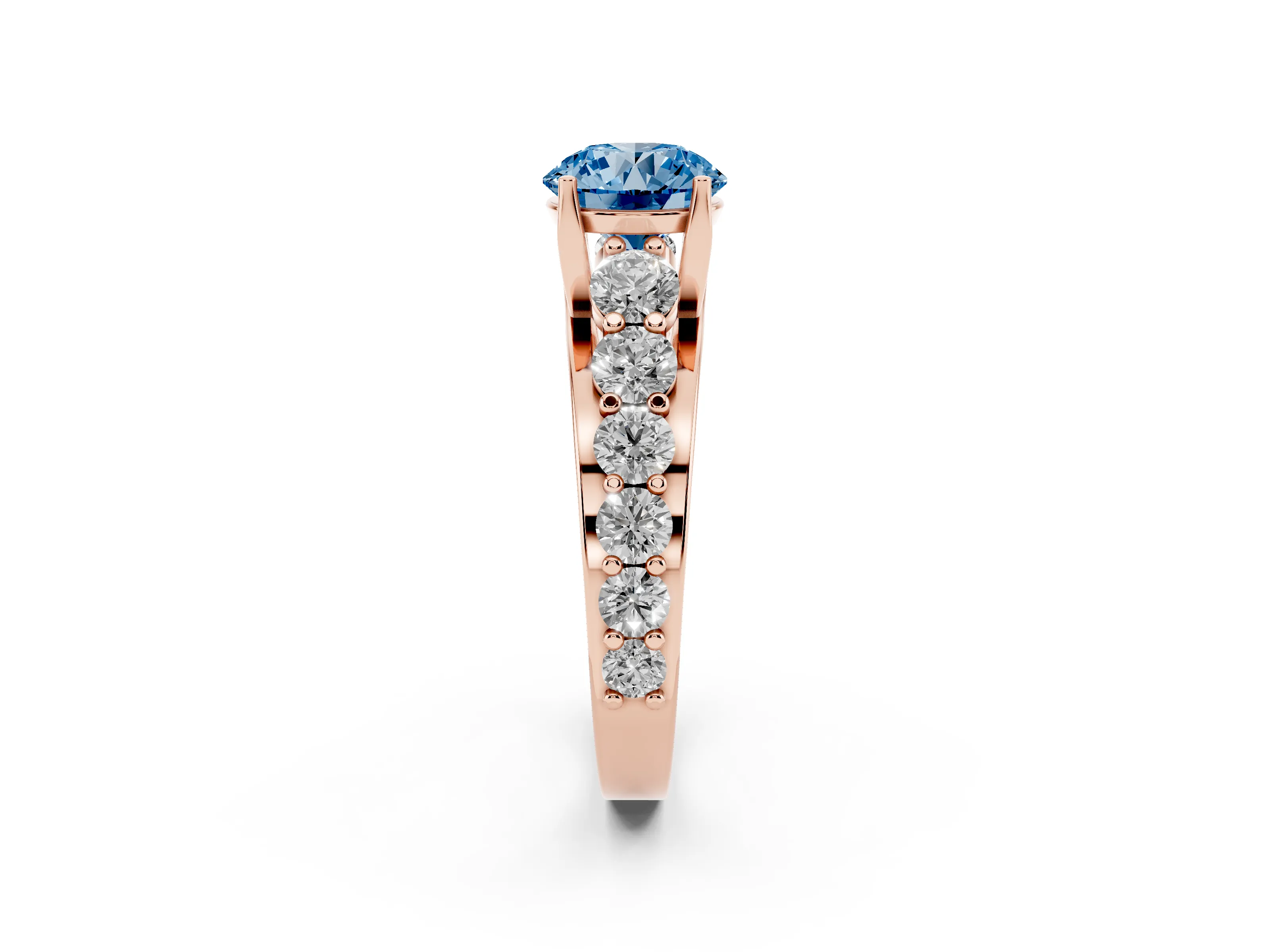 Fancy Blue Round Cut Diamond Pavé Engagement Ring Set in Rose gold with Prong Setting