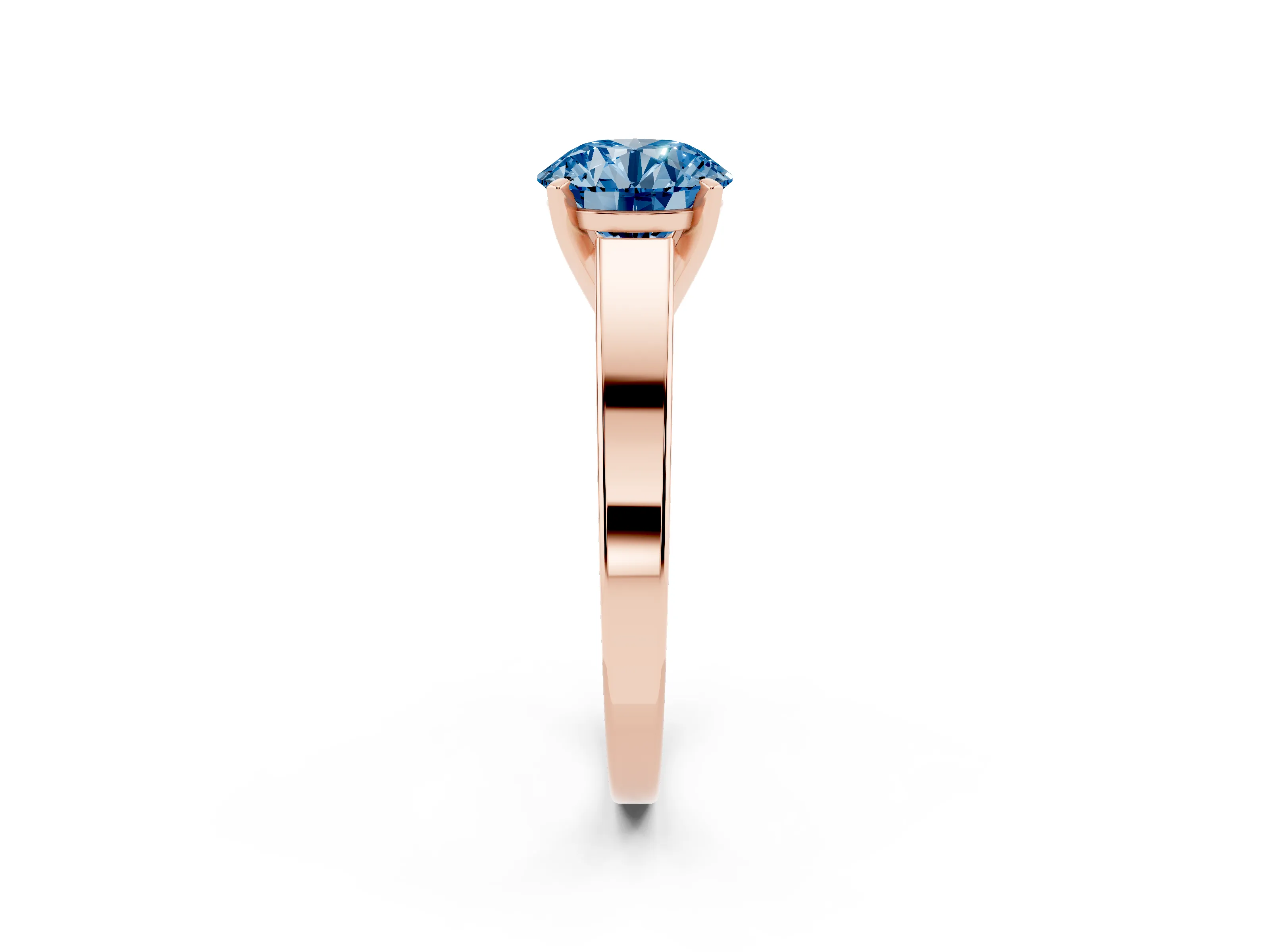 Fancy Blue Round Cut Diamond Solitaire Engagement Ring Set in Rose gold with Prong Setting and Tapered Band