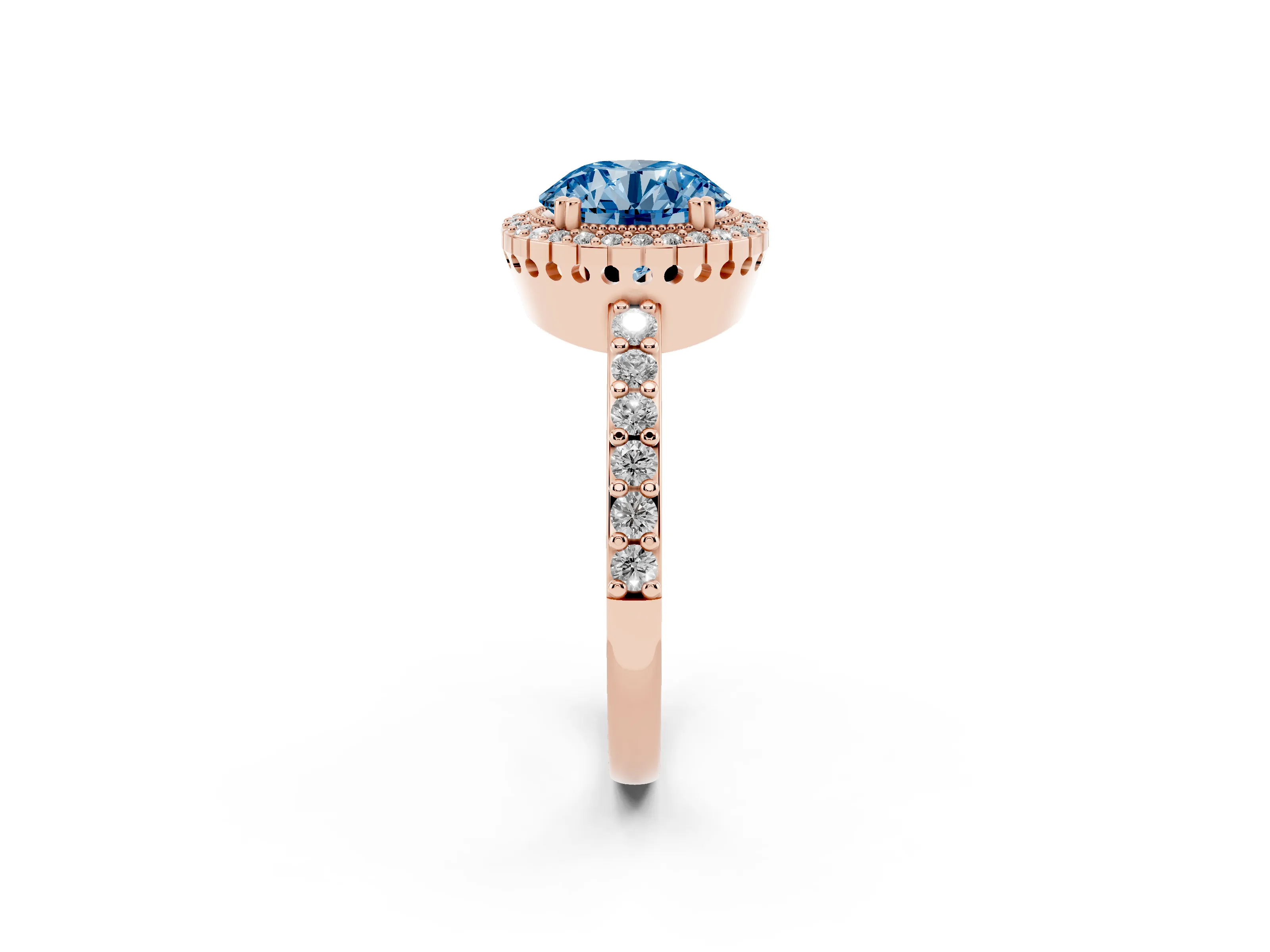 Fancy Blue Round Cut Diamond Halo Engagement Ring Set in Rose gold with Milgrain Detail and Pavé Band