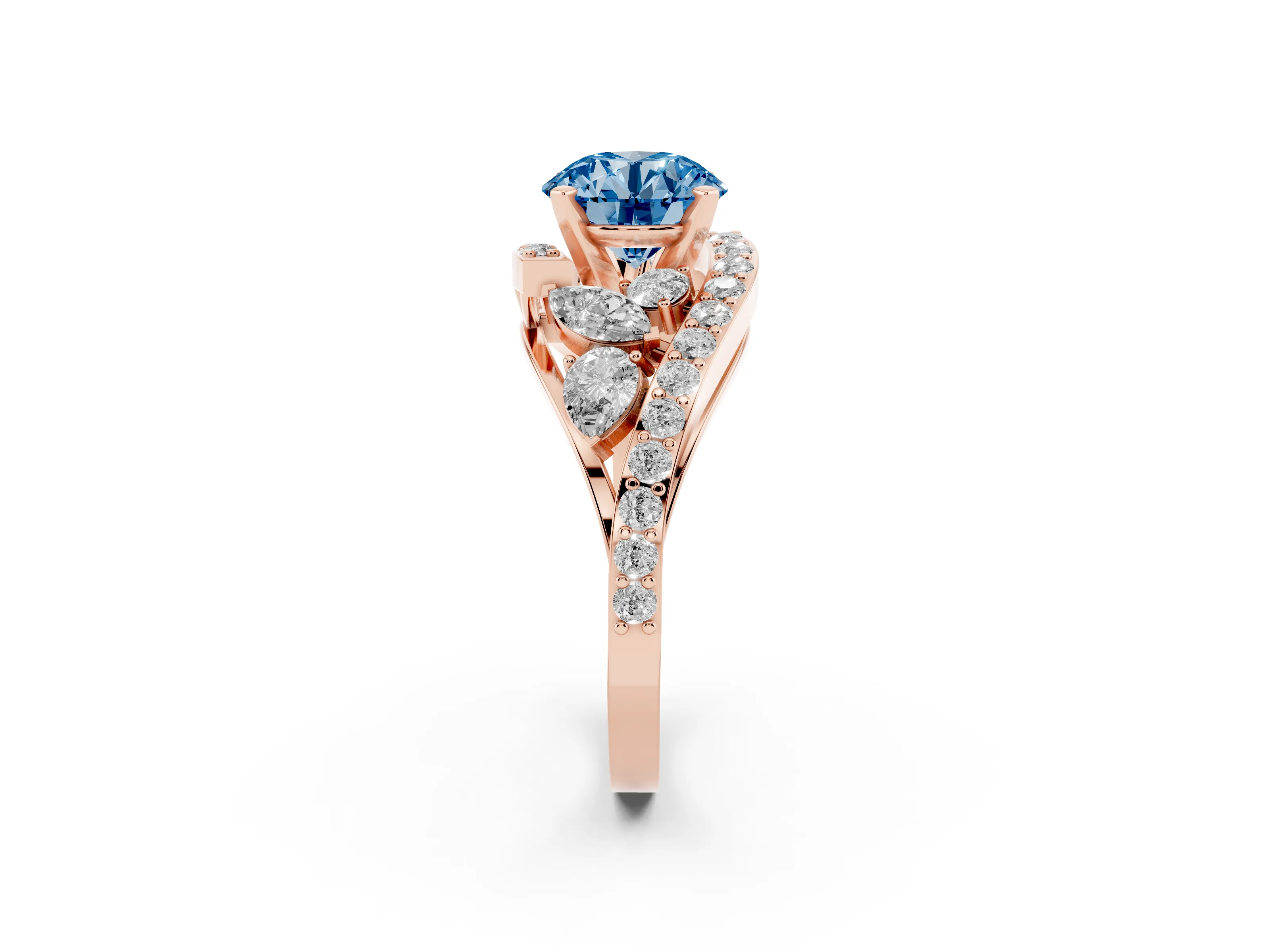 Fancy Blue Round Cut Diamond Halo Ring Set in Rose gold with Marquise and Pavé Band in Prong Setting