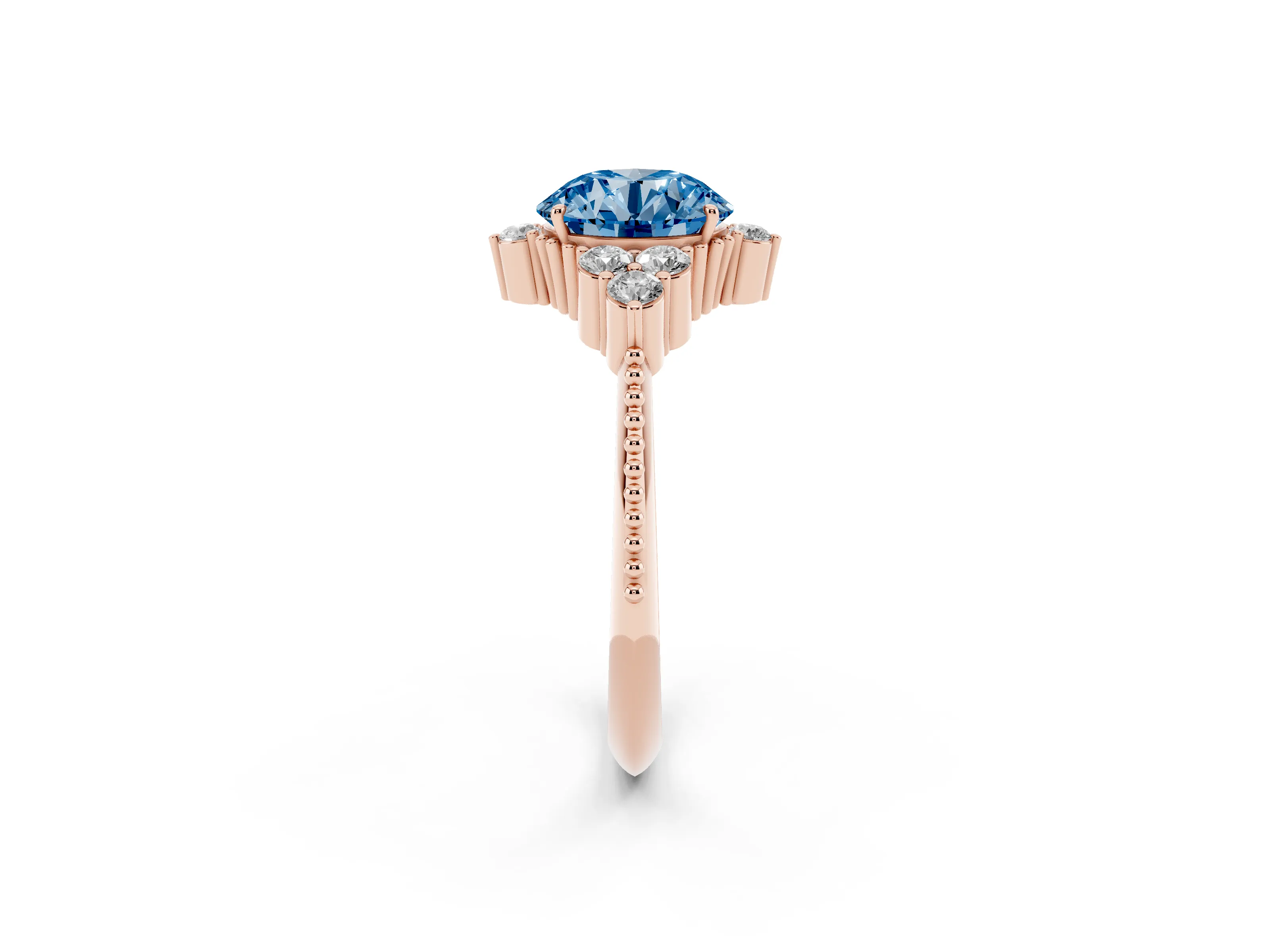 Fancy Blue Round Cut Diamond Cluster Ring Set in Rose gold with Beaded Band
