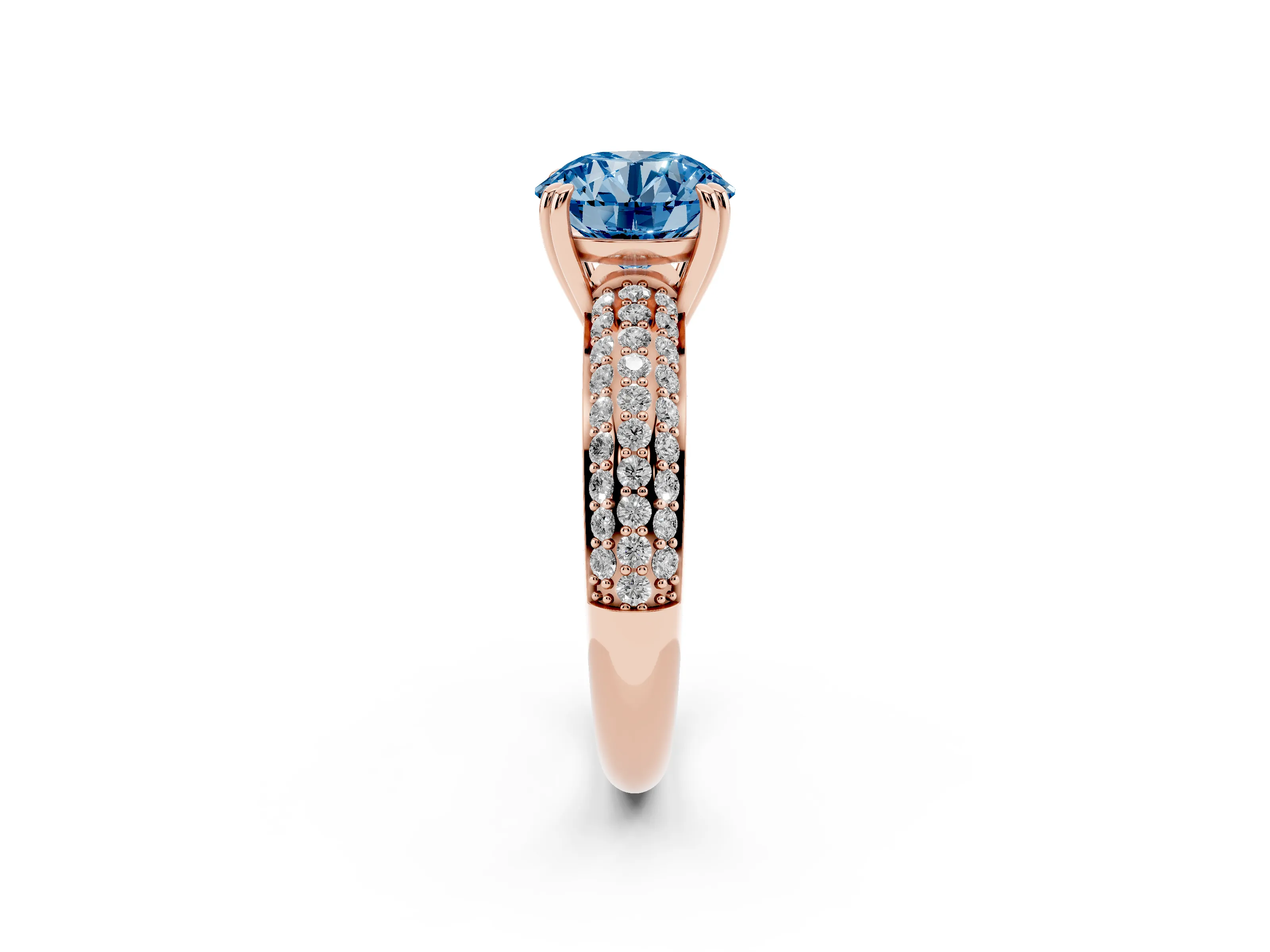 Round Three Row Pave Engagement Ring Setting for a Fancy Blue Lab-Grown Diamond | Rose Gold
