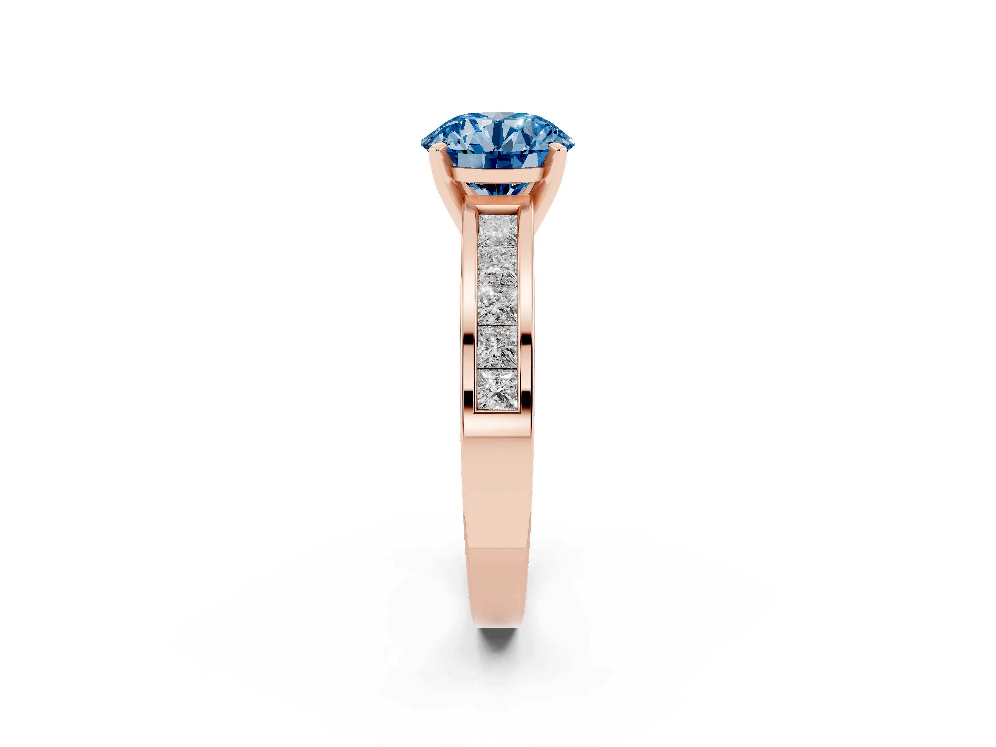 Fancy Blue Round Cut Diamond Solitaire Ring Set in Rose gold with Channel-Set Band and Prong Setting