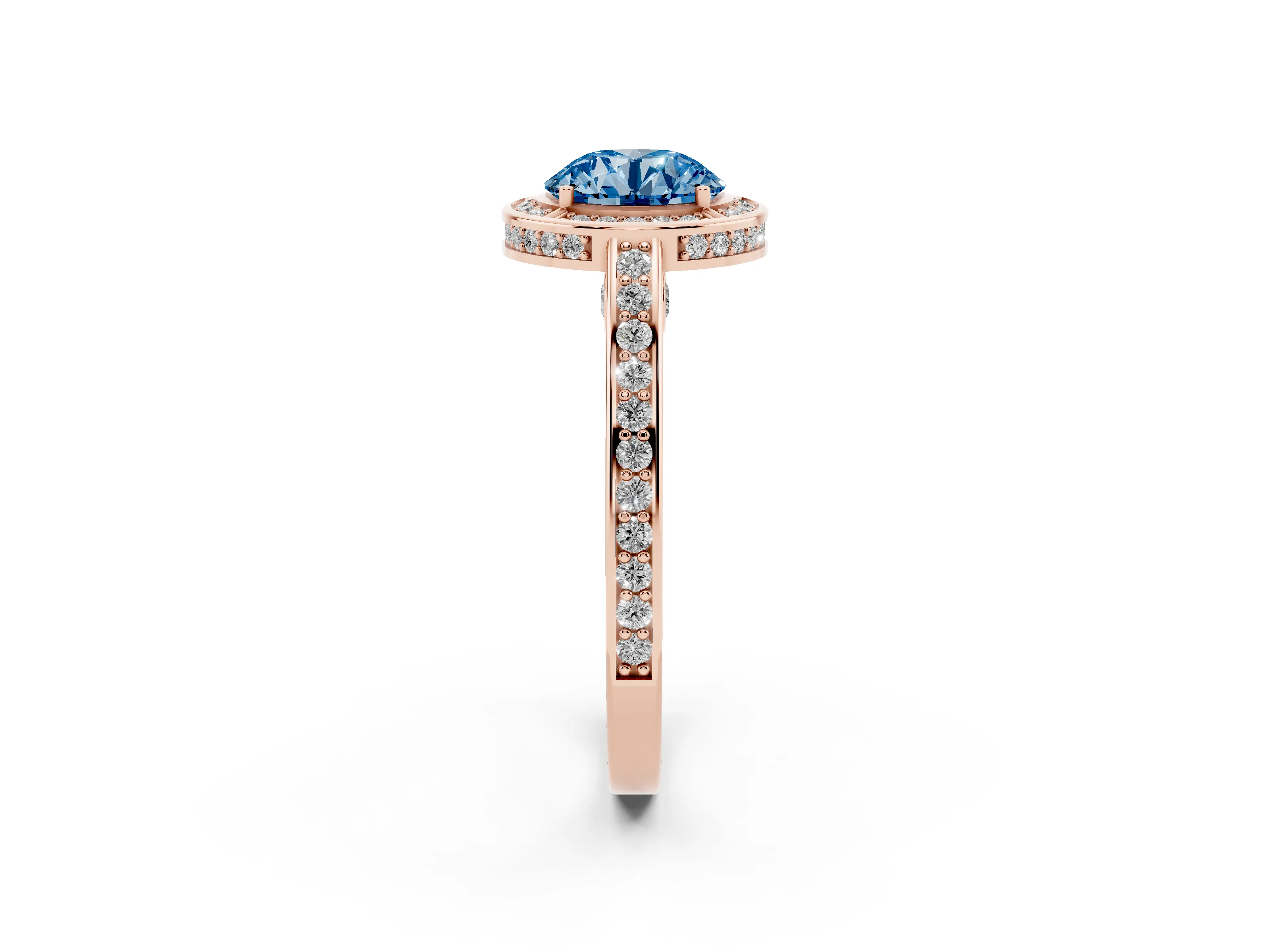Fancy Blue Round Cut Diamond Halo Pavé Split Shank Ring Set in Rose gold with Prong Setting