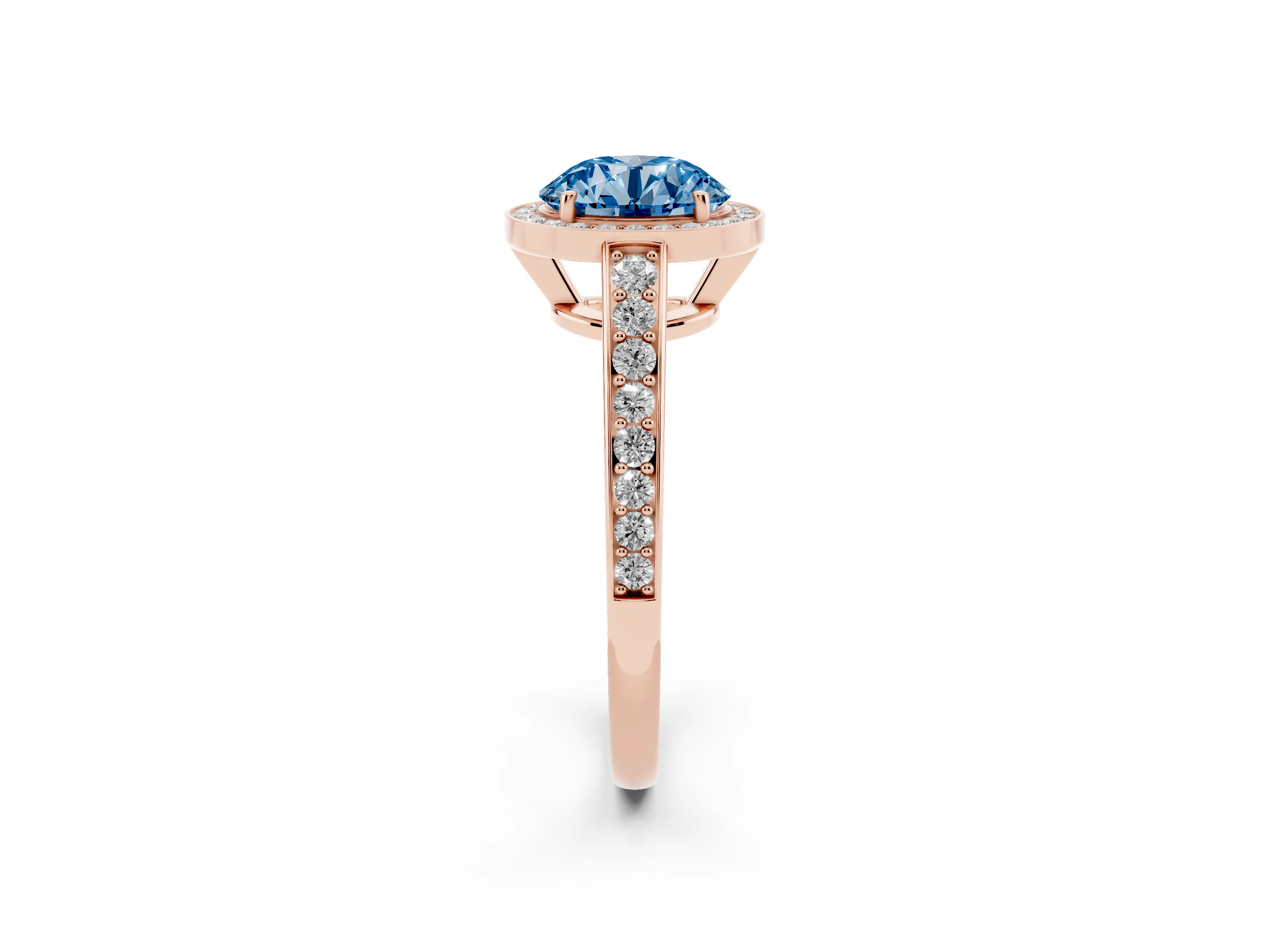 Fancy Blue Round Cut Diamond Halo Pavé Engagement Ring Set in Rose gold with Bezel Setting