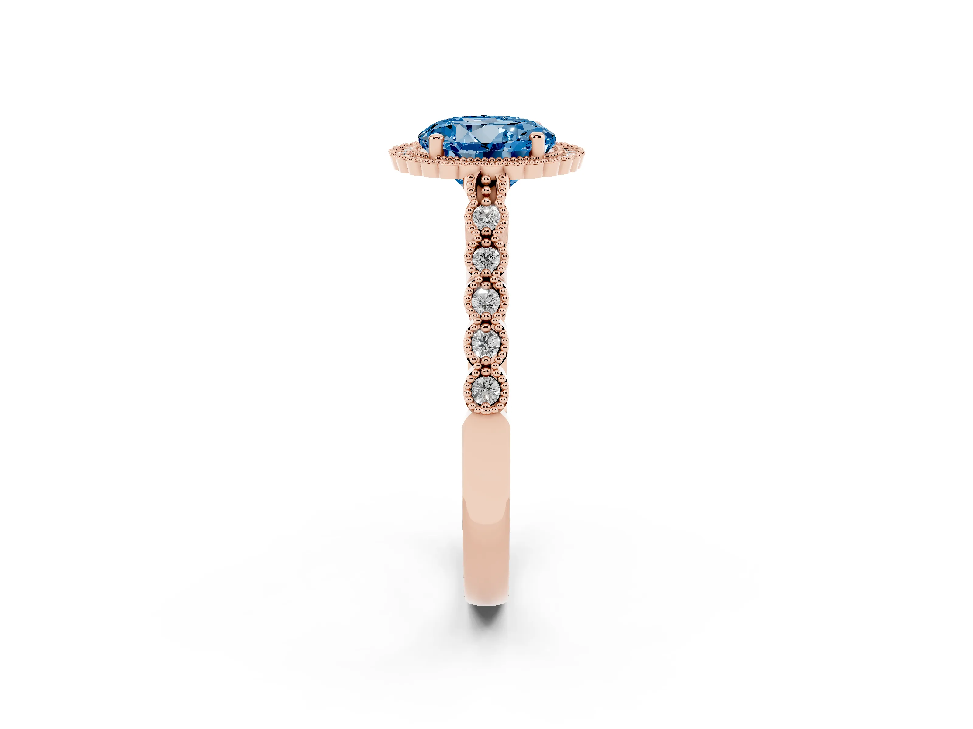 Fancy Blue Round Cut Diamond Halo Ring Set in Rose gold with Pavé Milgrain Band