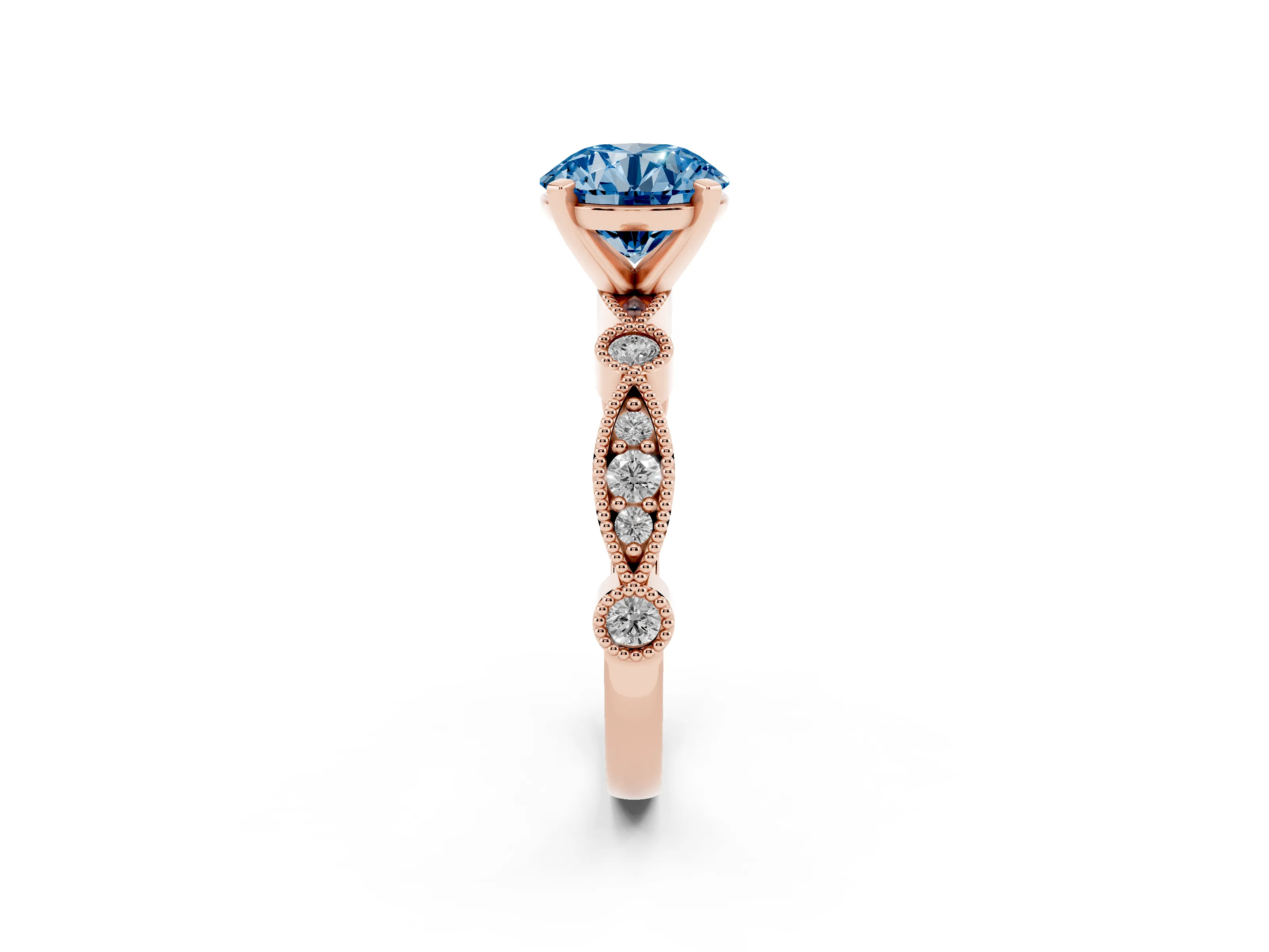 Fancy Blue Round Cut Diamond Solitaire Engagement Ring Set in Rose gold with Milgrain Bezel Accent Band