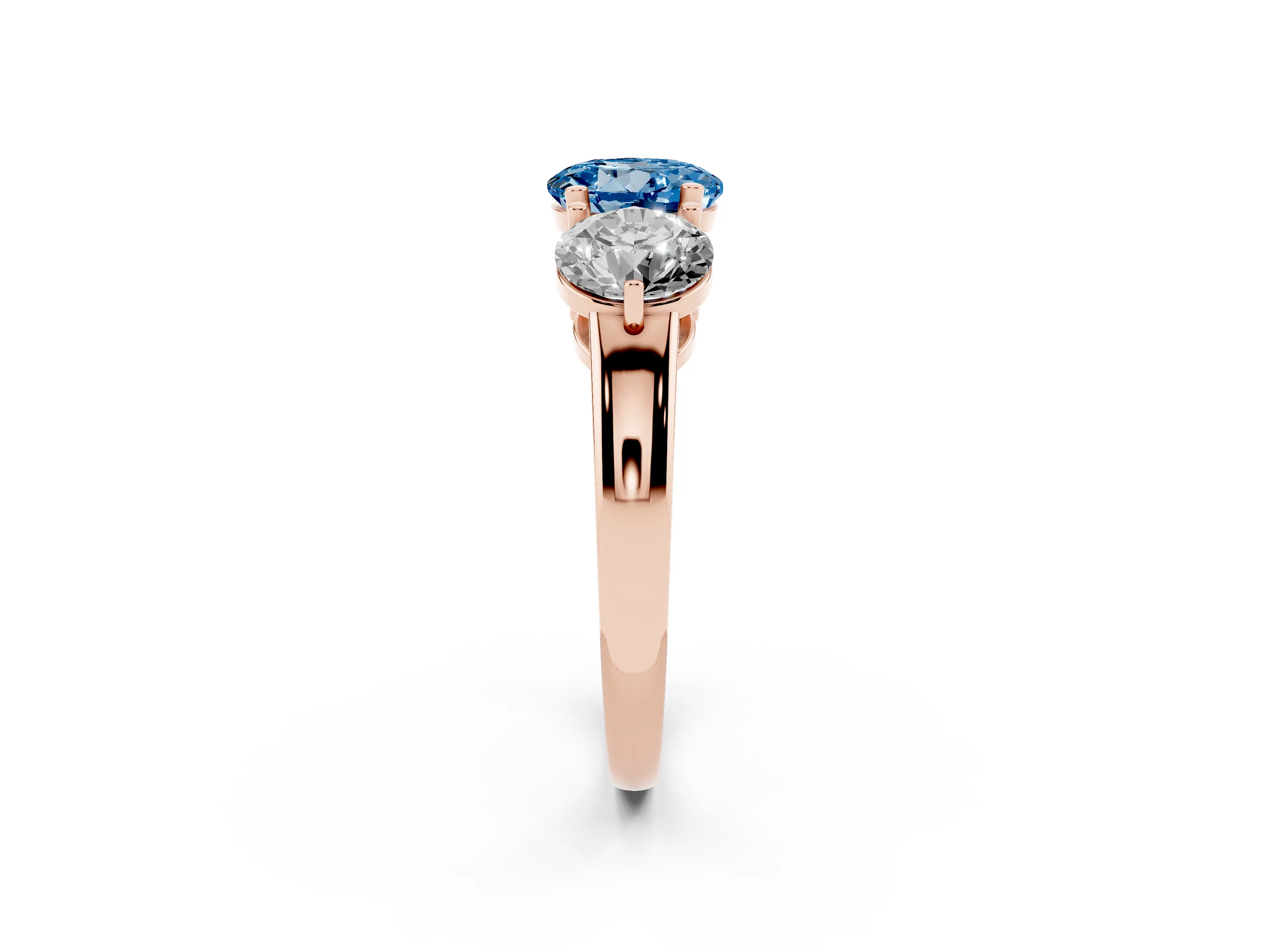 Fancy Blue Round Cut Diamond Three-Stone Ring Set in Rose gold with Prong Setting and Plain Band