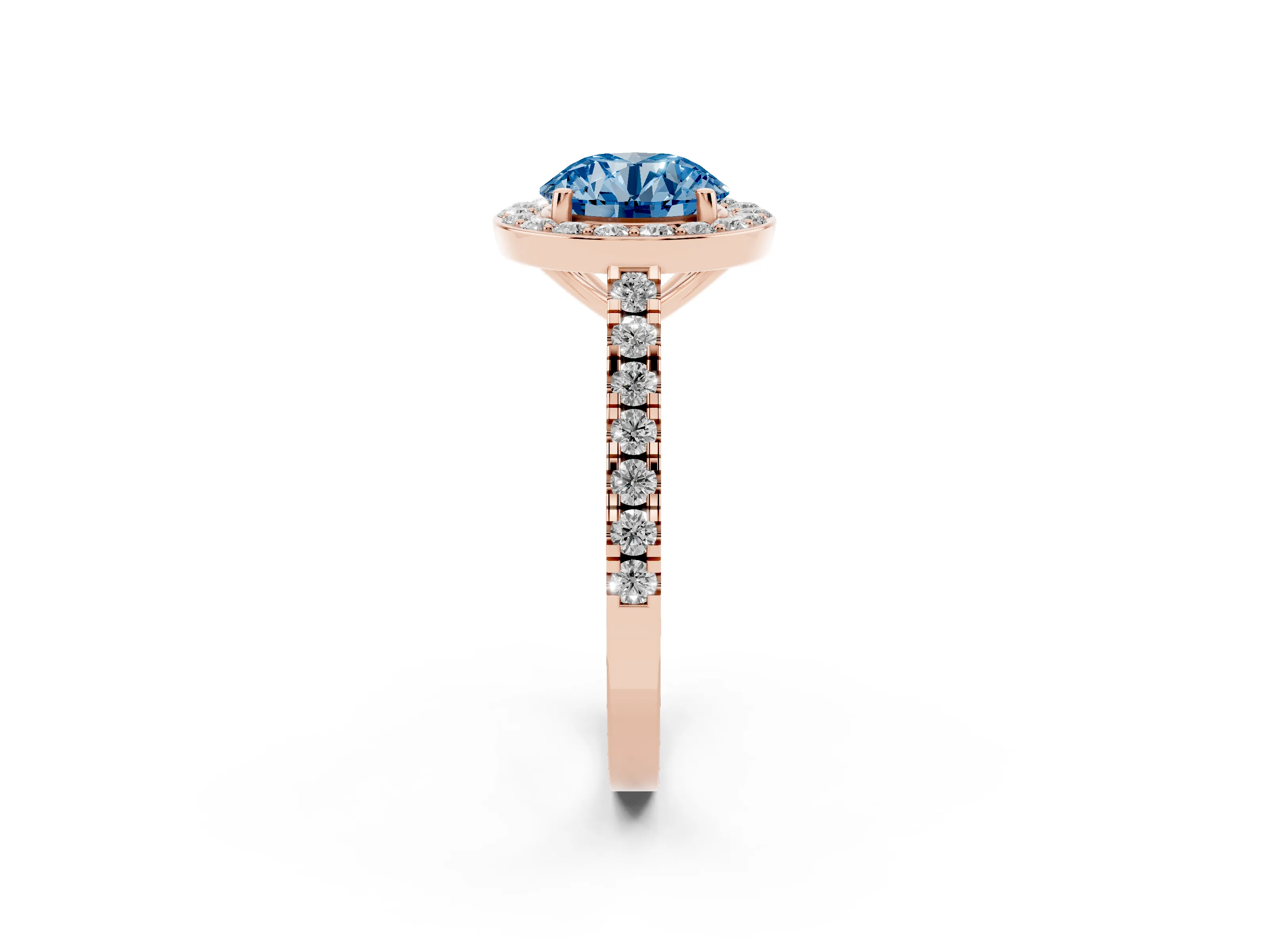 Fancy Blue Round Cut Diamond Halo Ring Set in Rose gold with Round Pavé Split Shank and Prong Setting