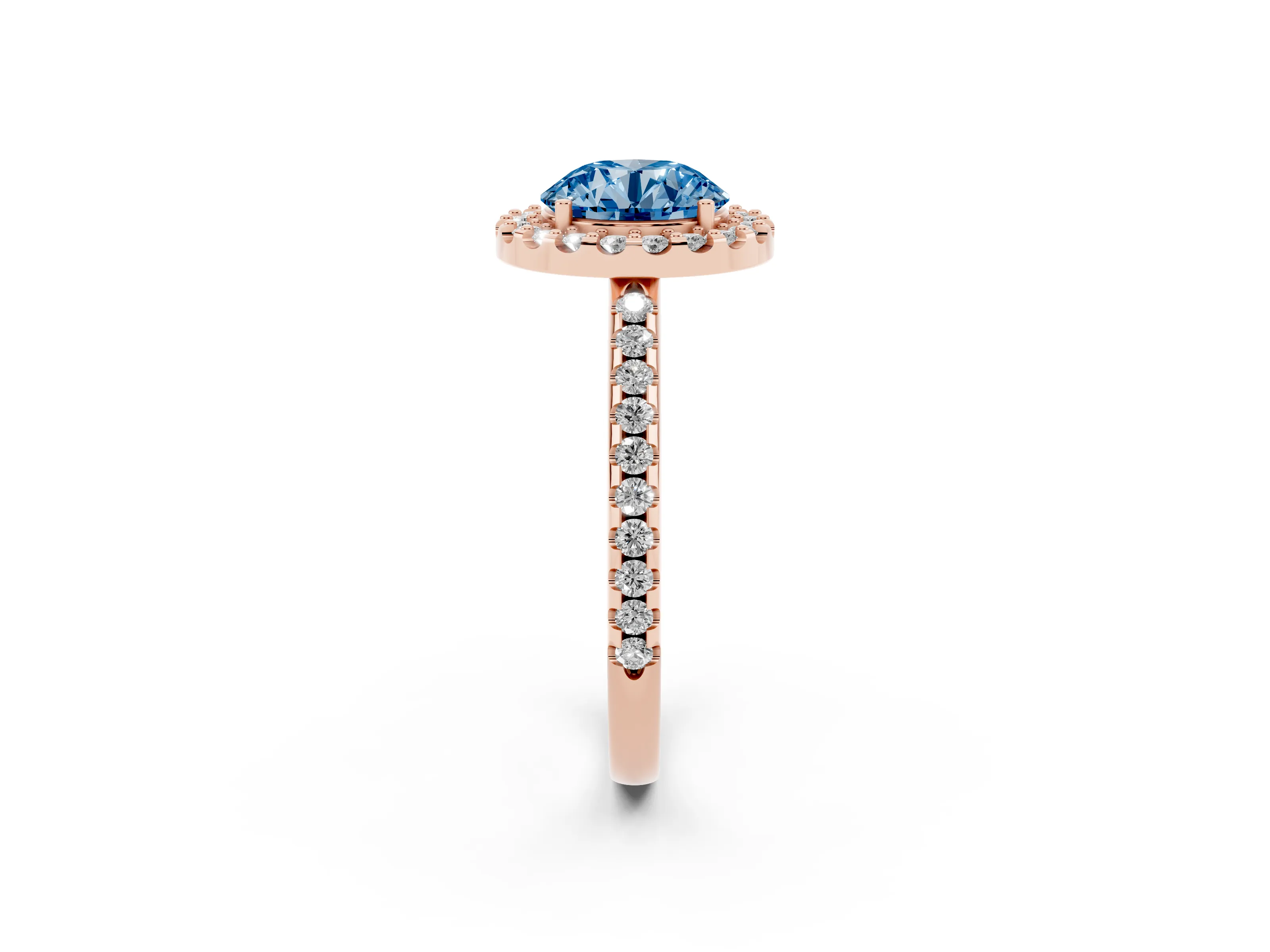 Fancy Blue Round Cut Diamond Pavé Halo Ring Set in Rose gold with Prong Setting