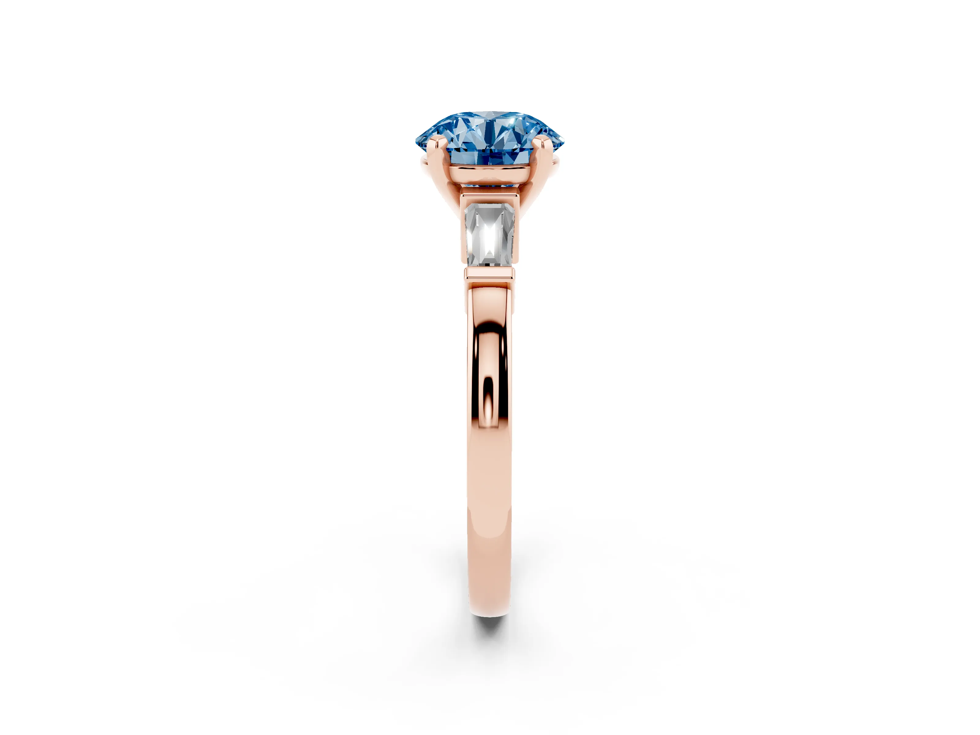 Fancy Blue Round Cut Diamond Solitaire Ring Set in Rose gold with Tapered Baguette Accents and Prong Setting