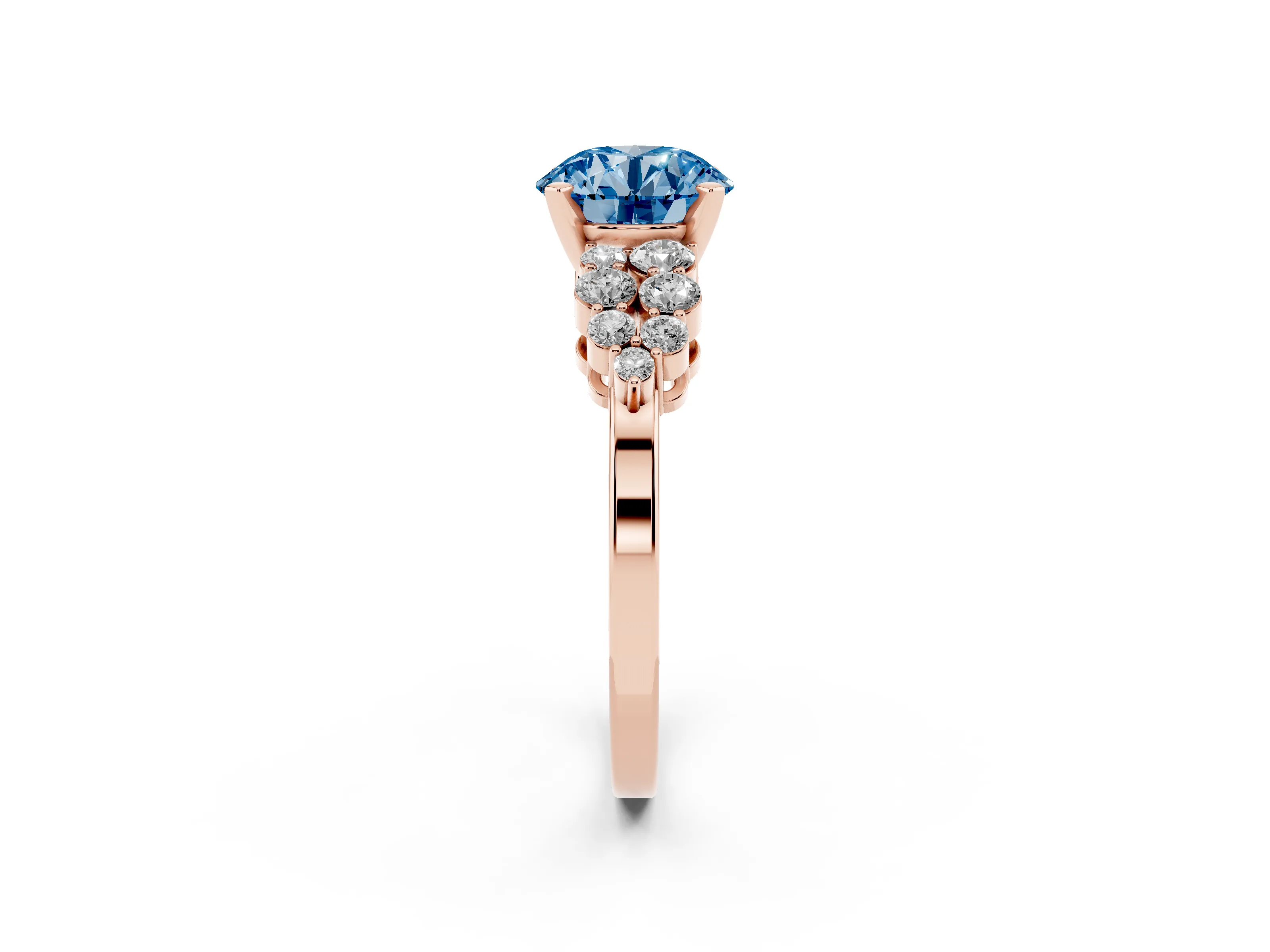 Fancy Blue Round Cut Diamond Cluster Engagement Ring Set in Rose gold with Pavé Band and Prong Setting