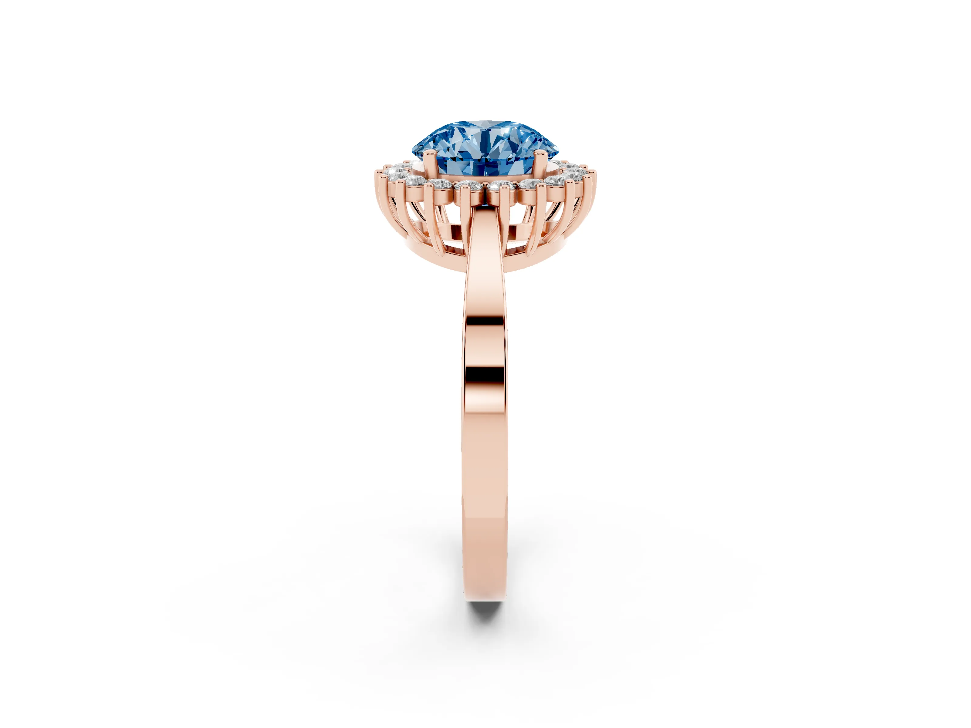 Fancy Blue Round Cut Diamond Halo Ring Set in Rose gold with Round Halo and Smooth Solitaire Band