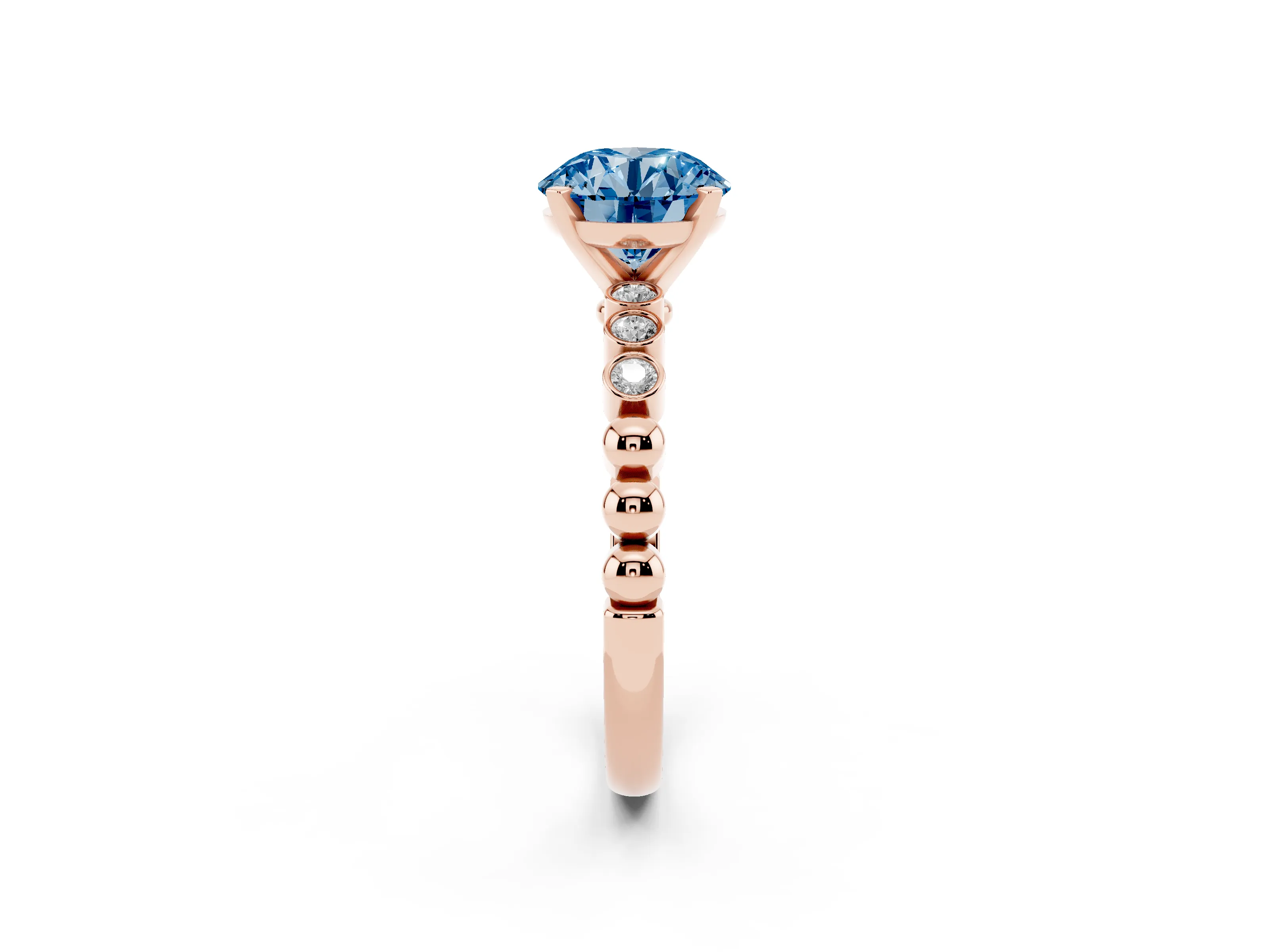 Fancy Blue Round Cut Diamond Solitaire Engagement Ring Set in Rose gold with Bezel Accents on Beaded Band