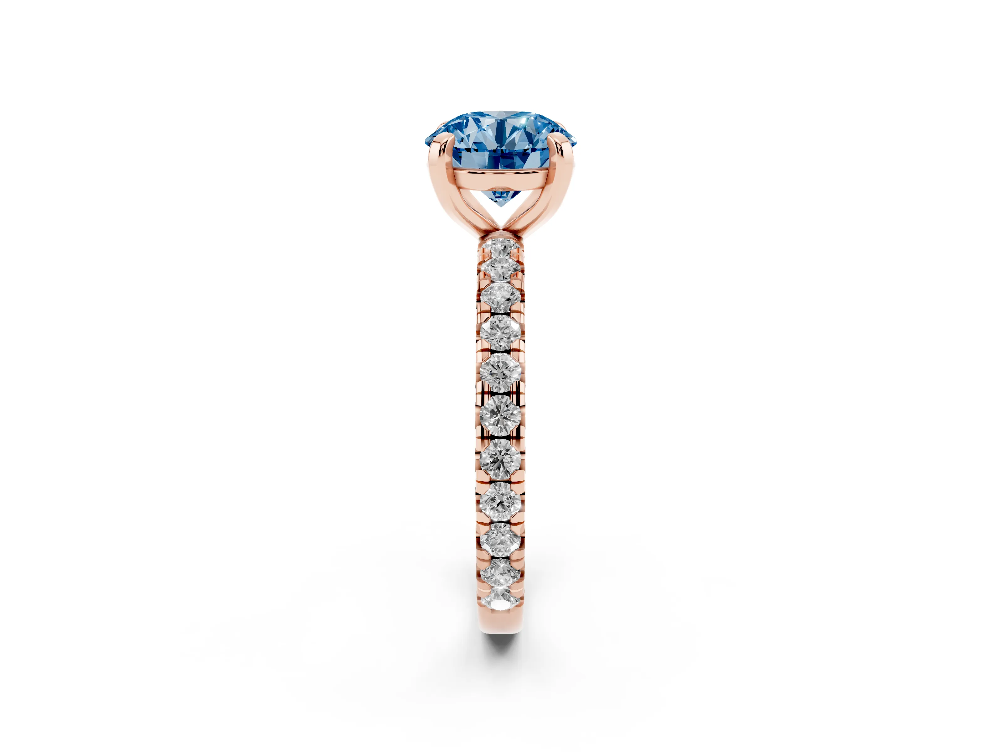 Fancy Blue Round Cut Diamond Pavé Solitaire Ring Set in Rose gold with Round Band and Prong Setting