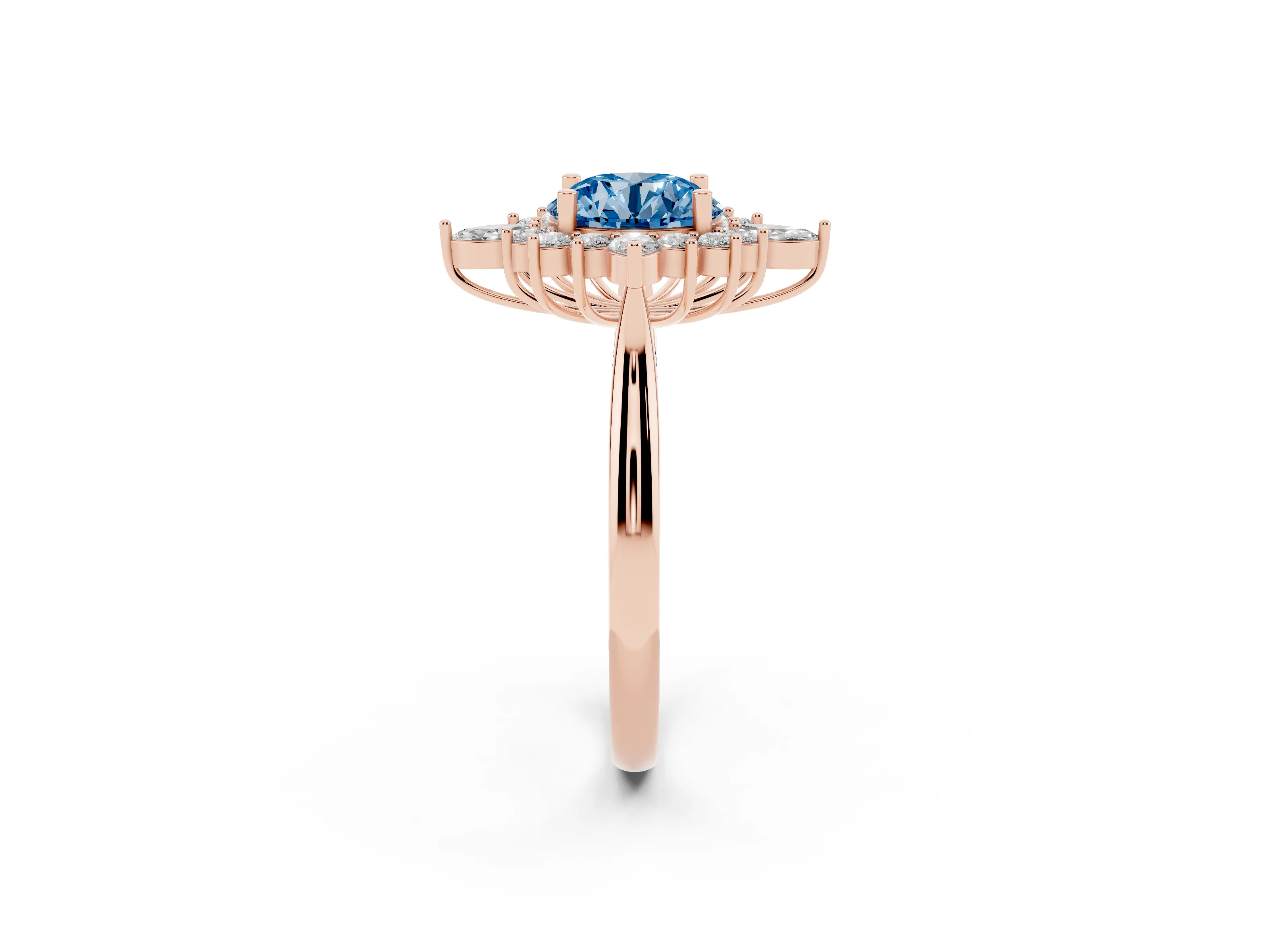 Fancy Blue Round Cut Diamond Cluster Halo Ring Set in Rose gold with Marquise and Round Accents
